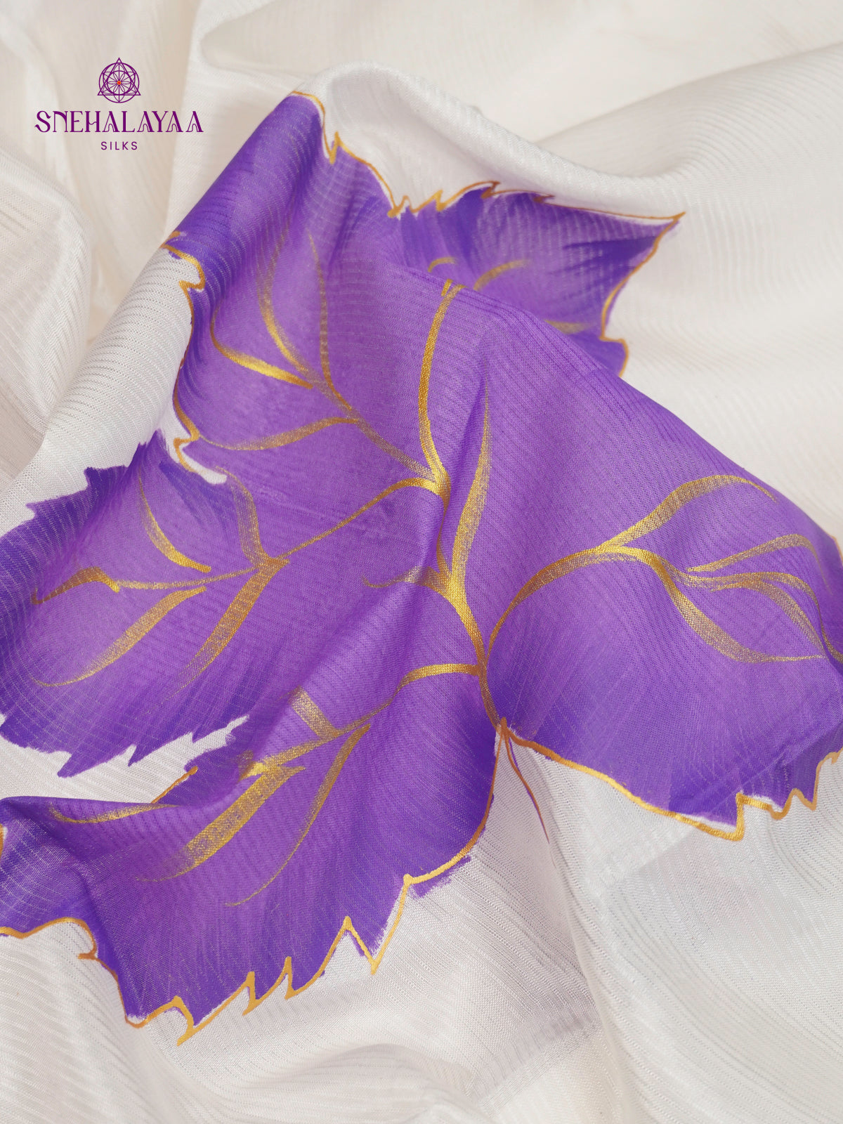 Off White Mangalagiri Silk Cotton Saree with Hand Painted Violet Leaf Motifs