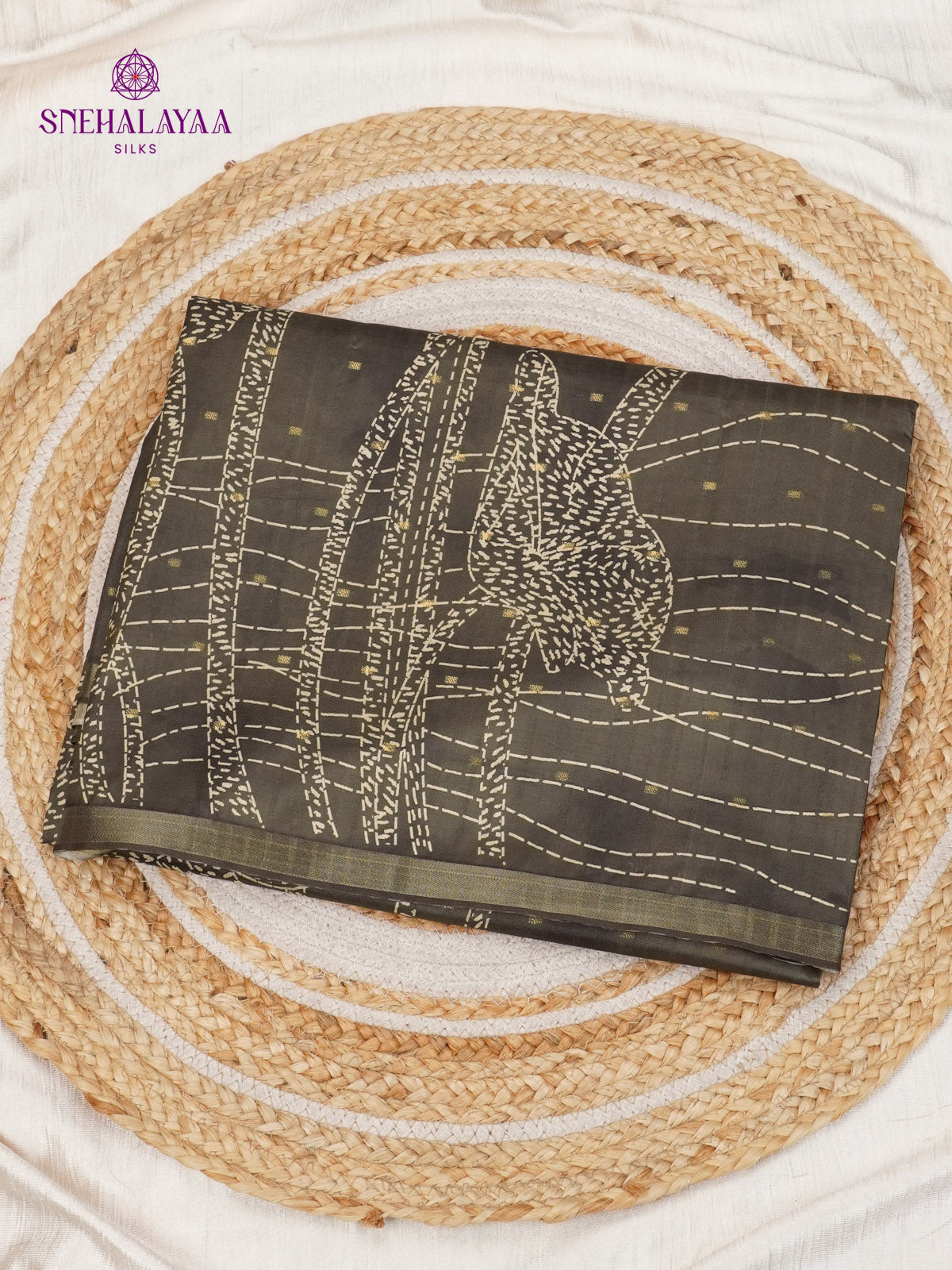 Brown Floral Printed Tussar Saree