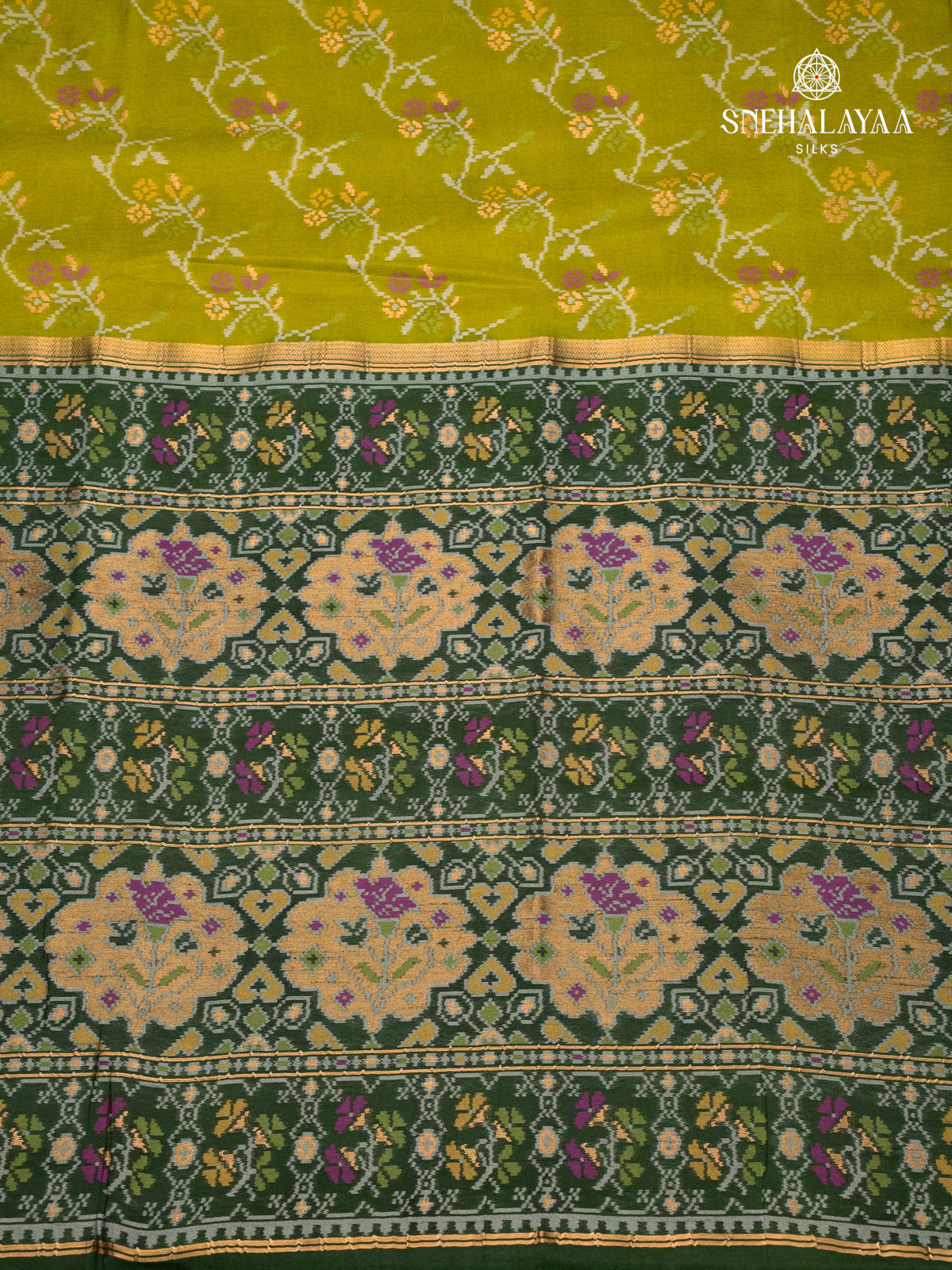 Parrot Green Ikat Silk Saree