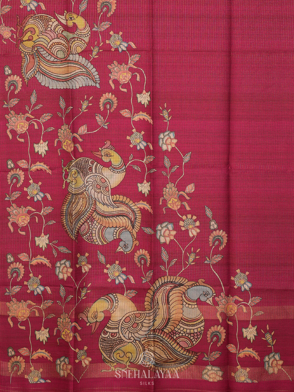 Red Tussar Saree with Floral Prints