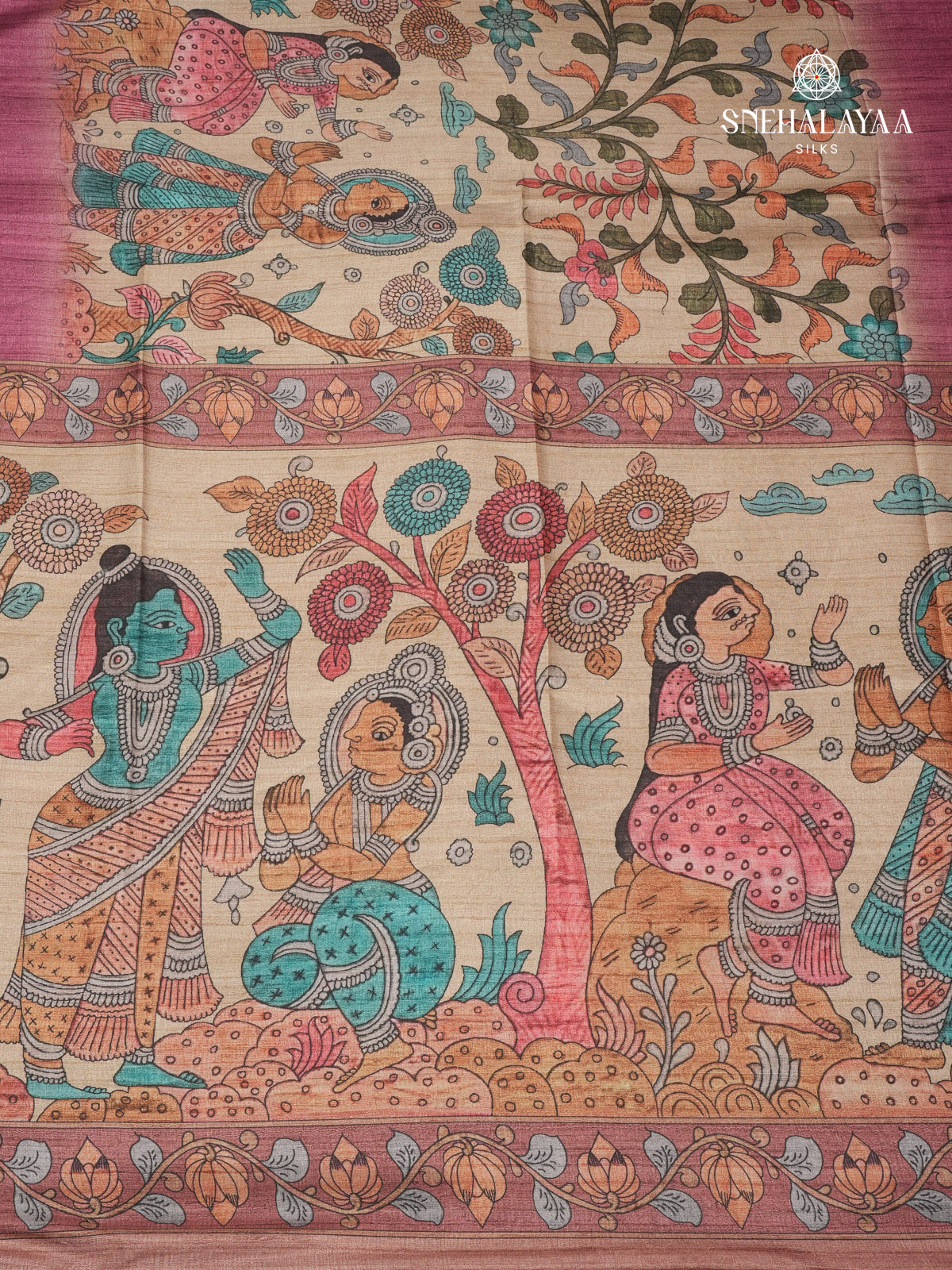 Beige With Pink Border Kalamkari Tussar Saree
