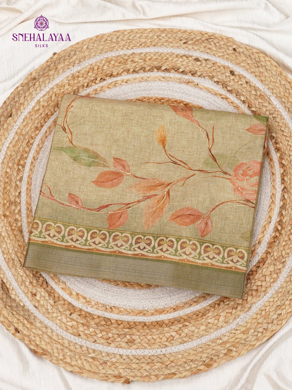 Olive Green Floral Printed Tussar Saree