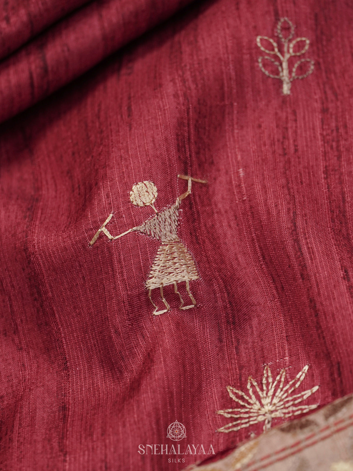 Maroon Tussar Embroidery Saree
