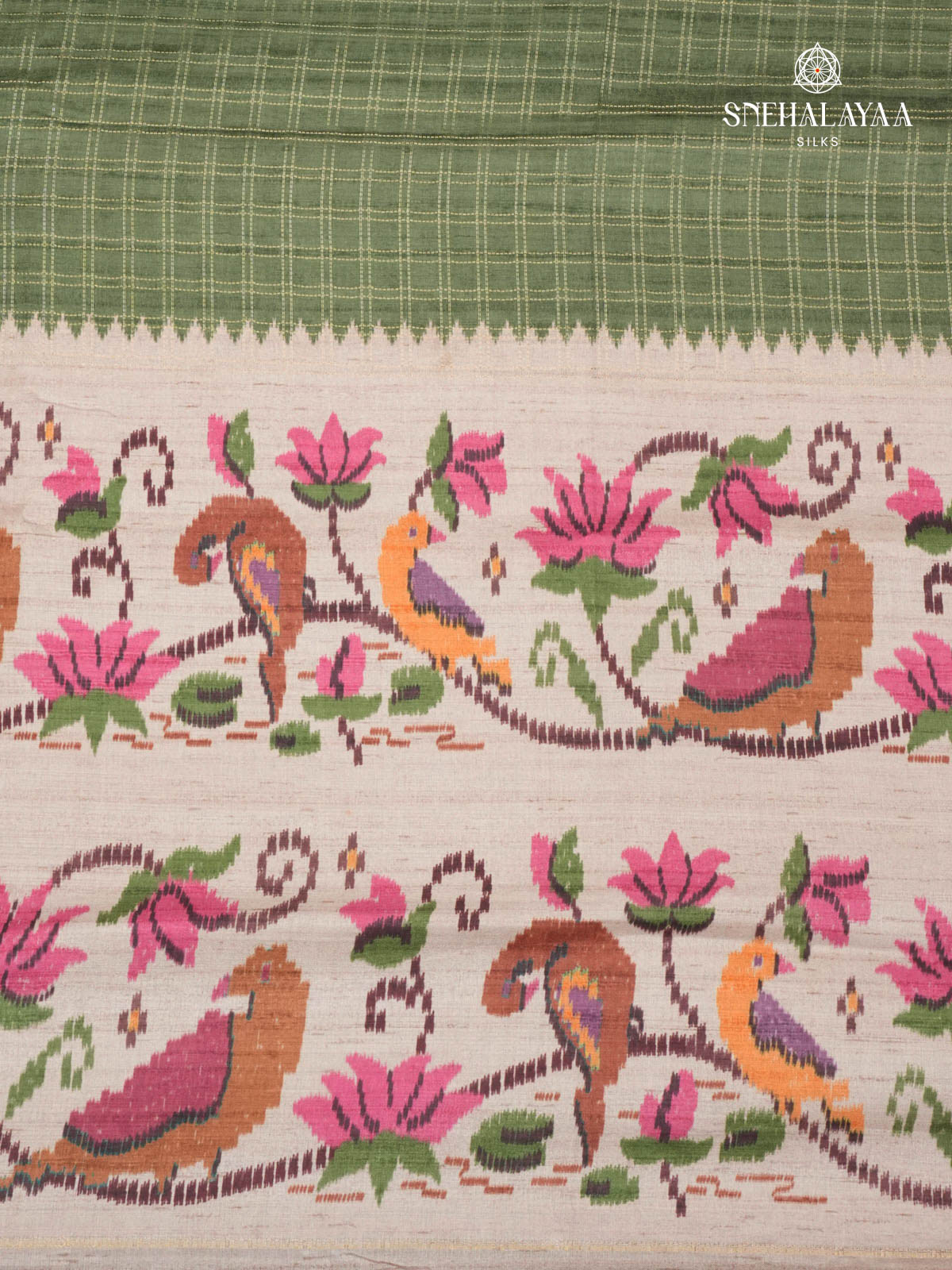 Forest Green Floral Printed Tussar Saree