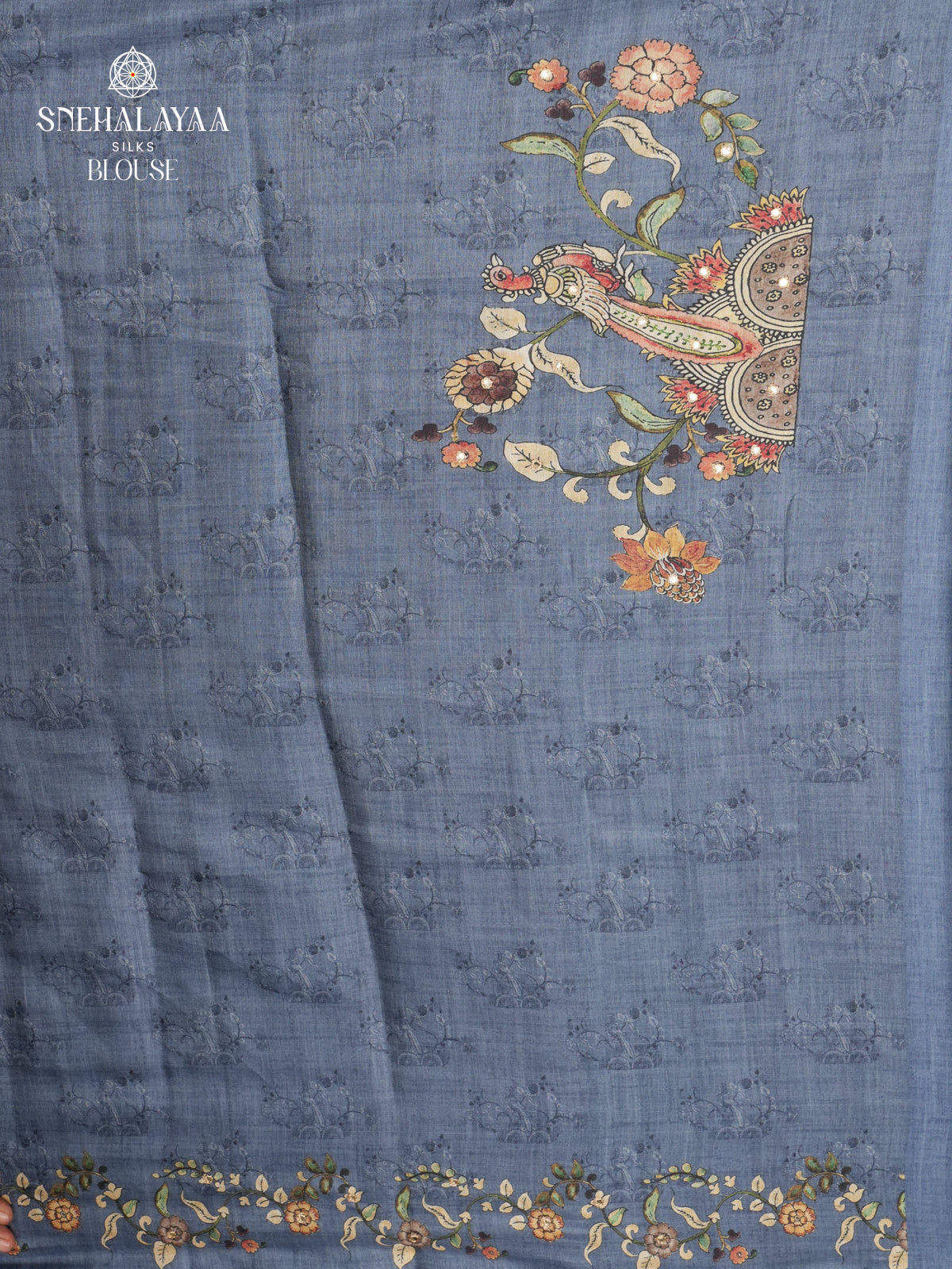 Teal Blue Tussar Embroidery Saree