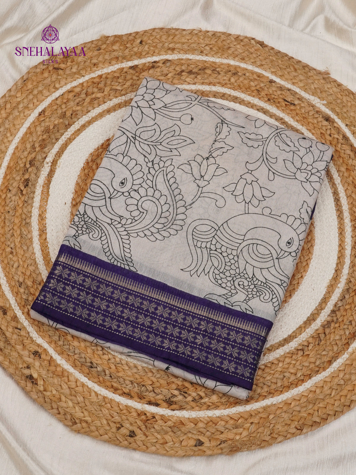 Off-White Kalamkari Saree with Purple Woven Border