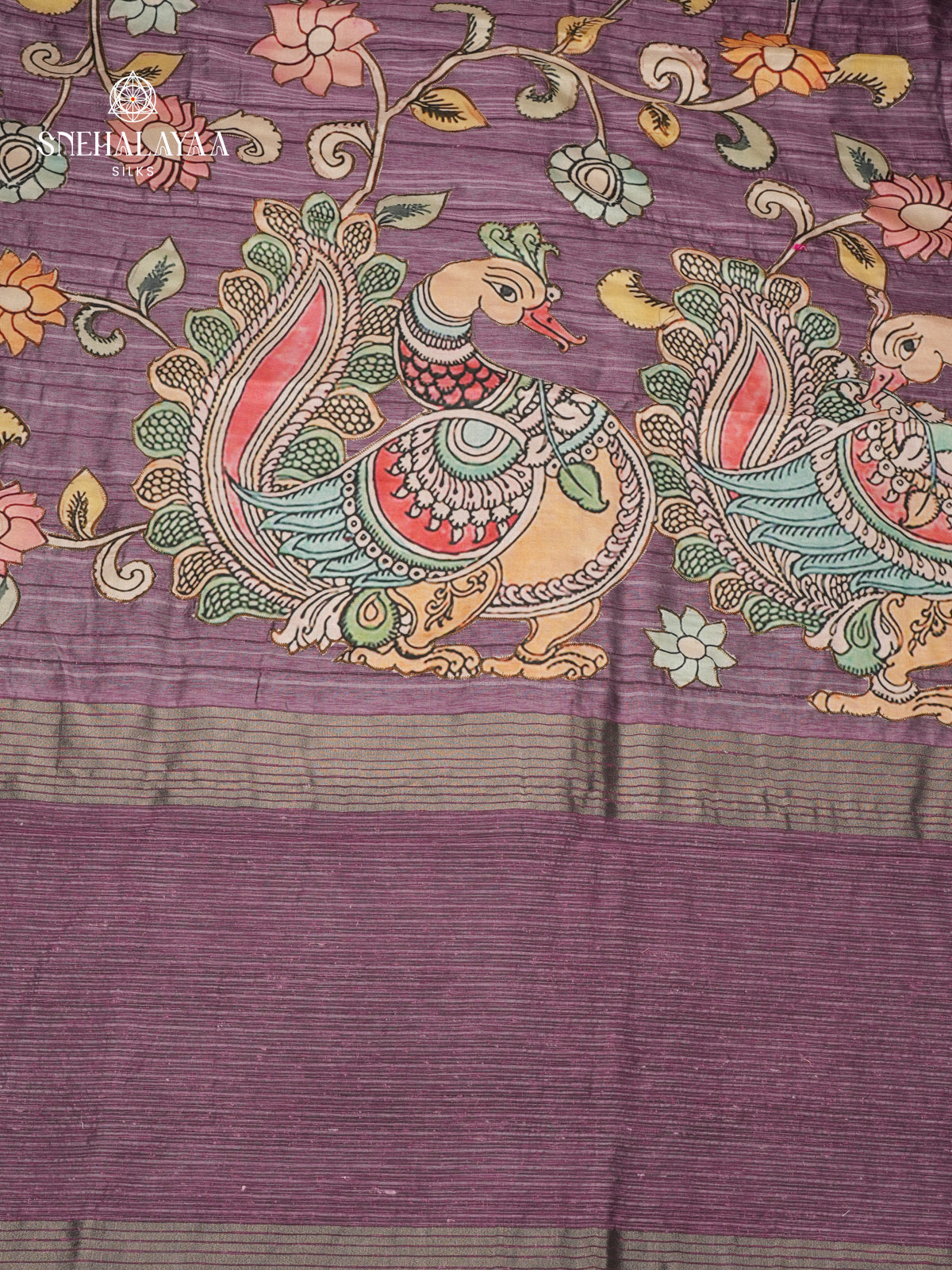 Purple Tussar Embroidery Saree