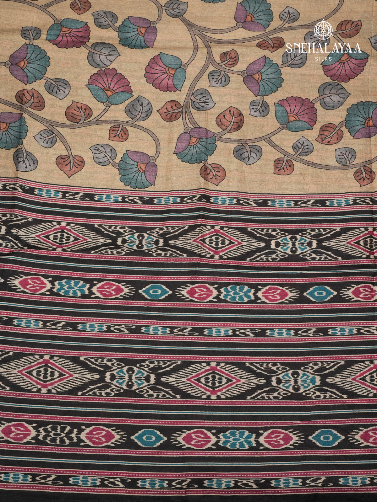 Beige Floral Printed Tussar Saree