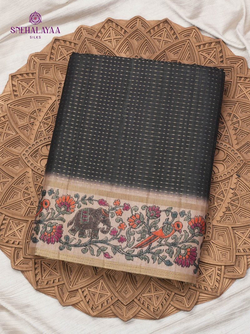 Black Floral Printed Tussar Saree