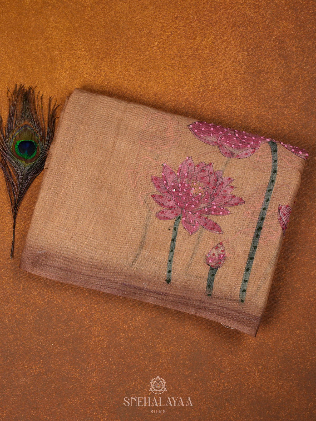 Orange Linen Embroidery Saree