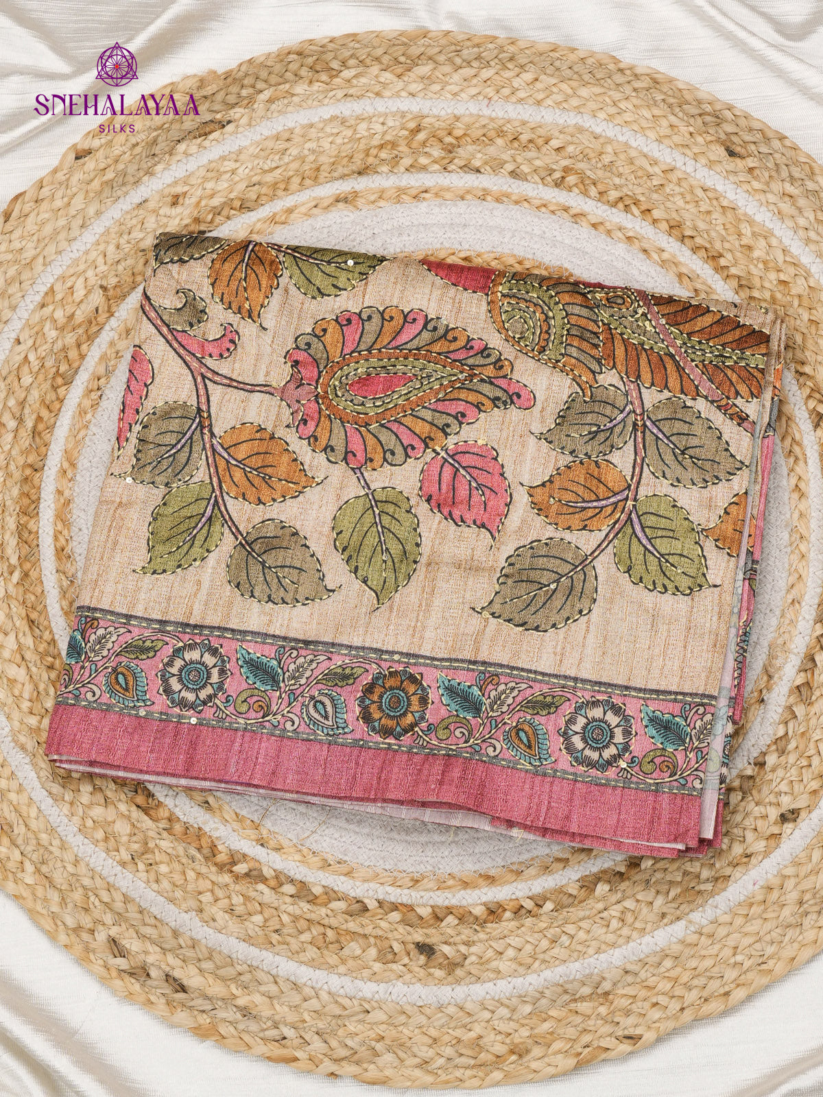 Pastel Pink Tussar Embroidery Saree