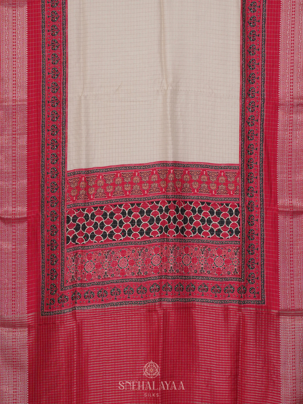 Cream Banaras Crepe Saree with Ruby Pink Border