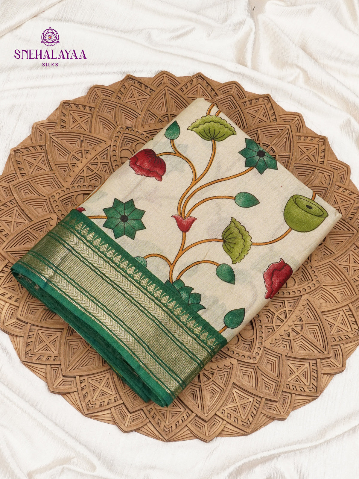 Beige With Green Border Bamboo Silk Saree