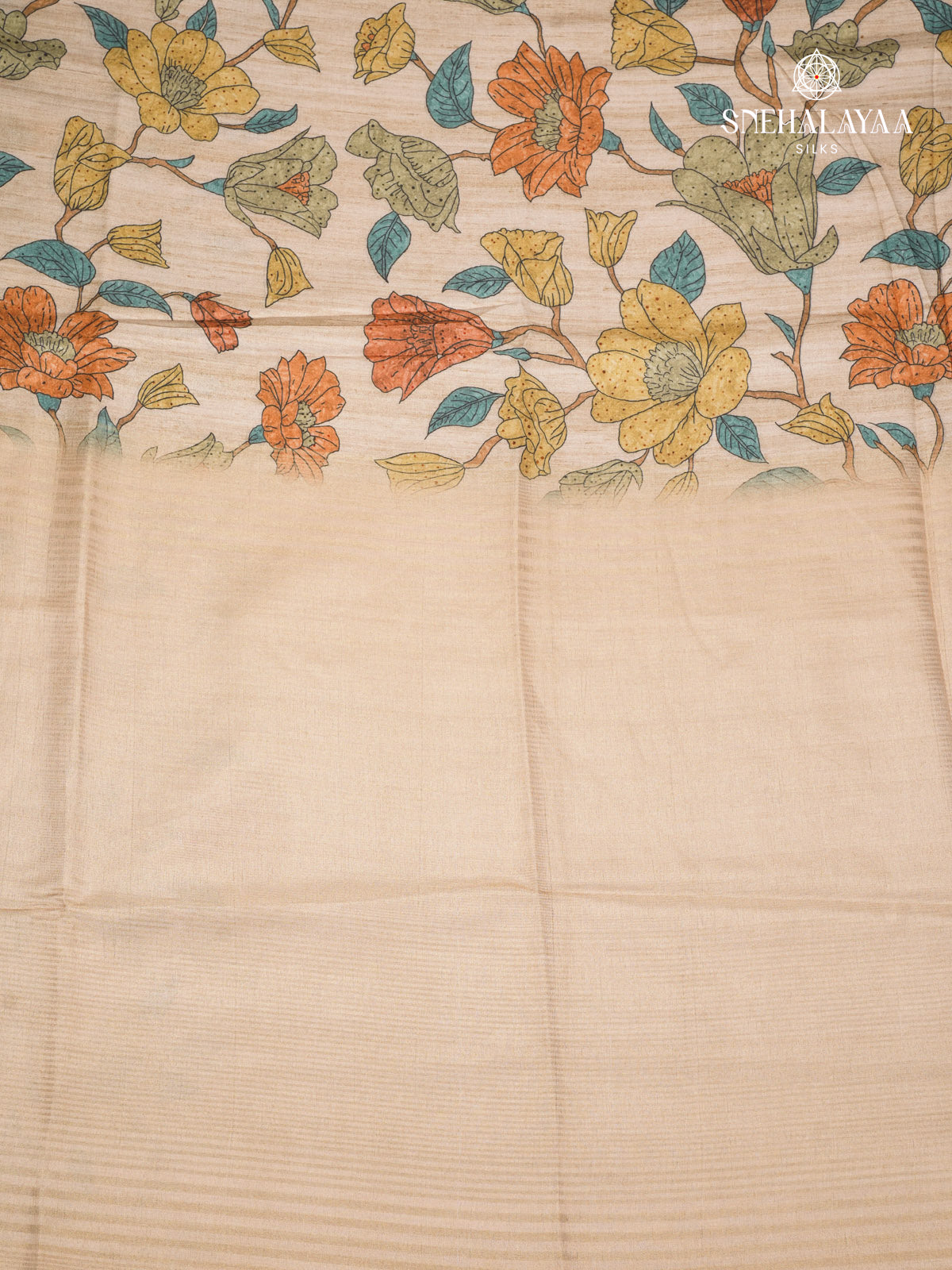 Beige Floral Printed Tussar Saree