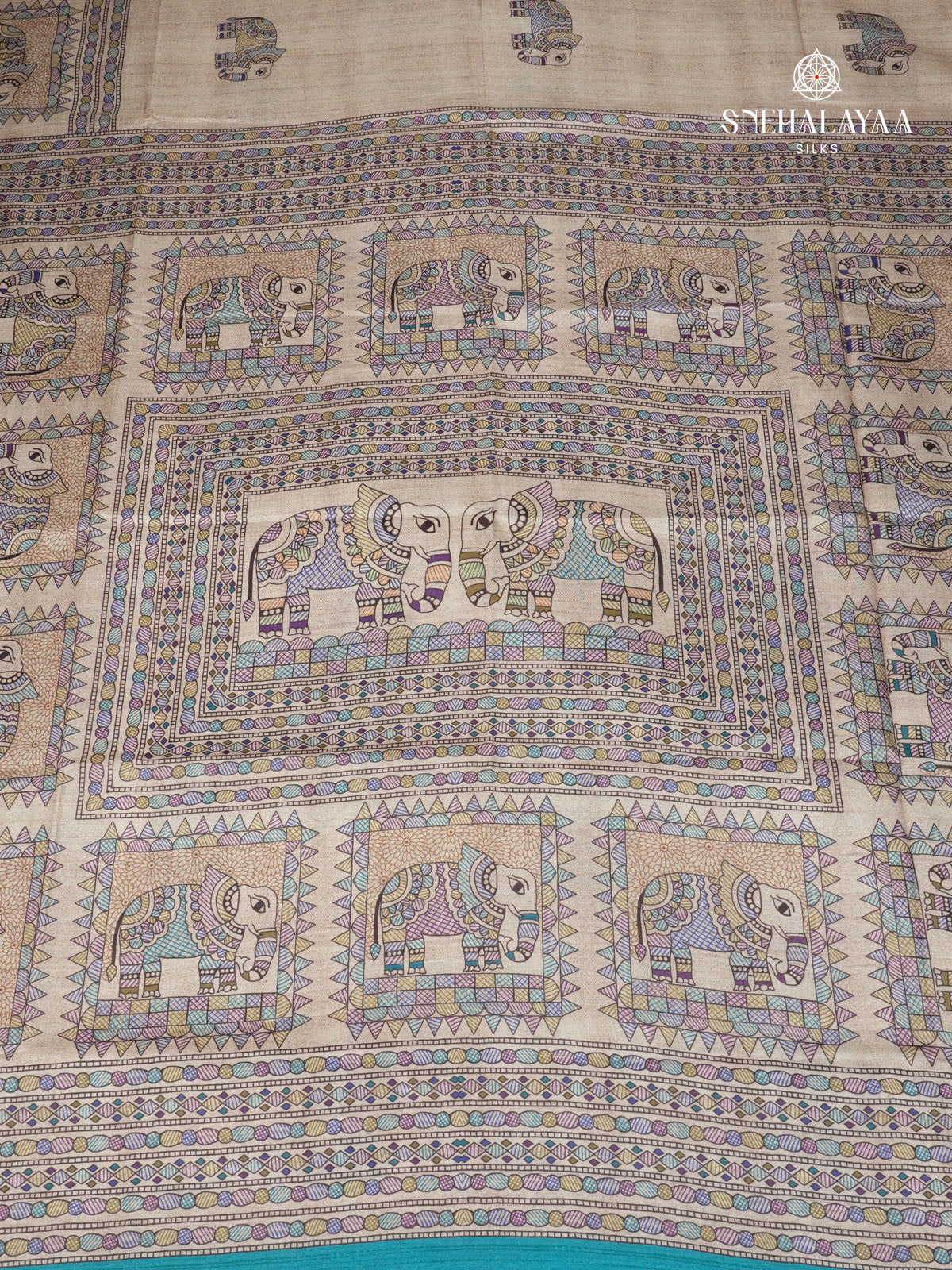 Beige With Blue Border Madhubani Saree