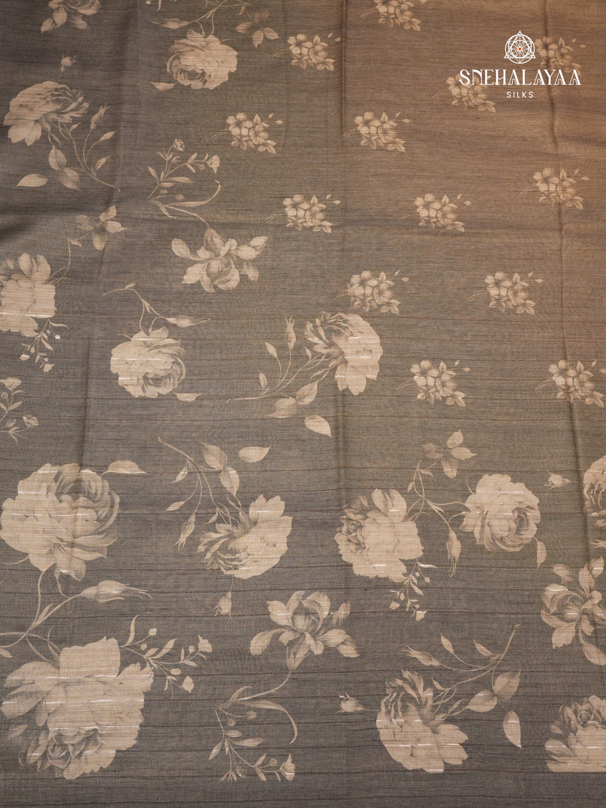 Brown Floral Printed Tussar Saree