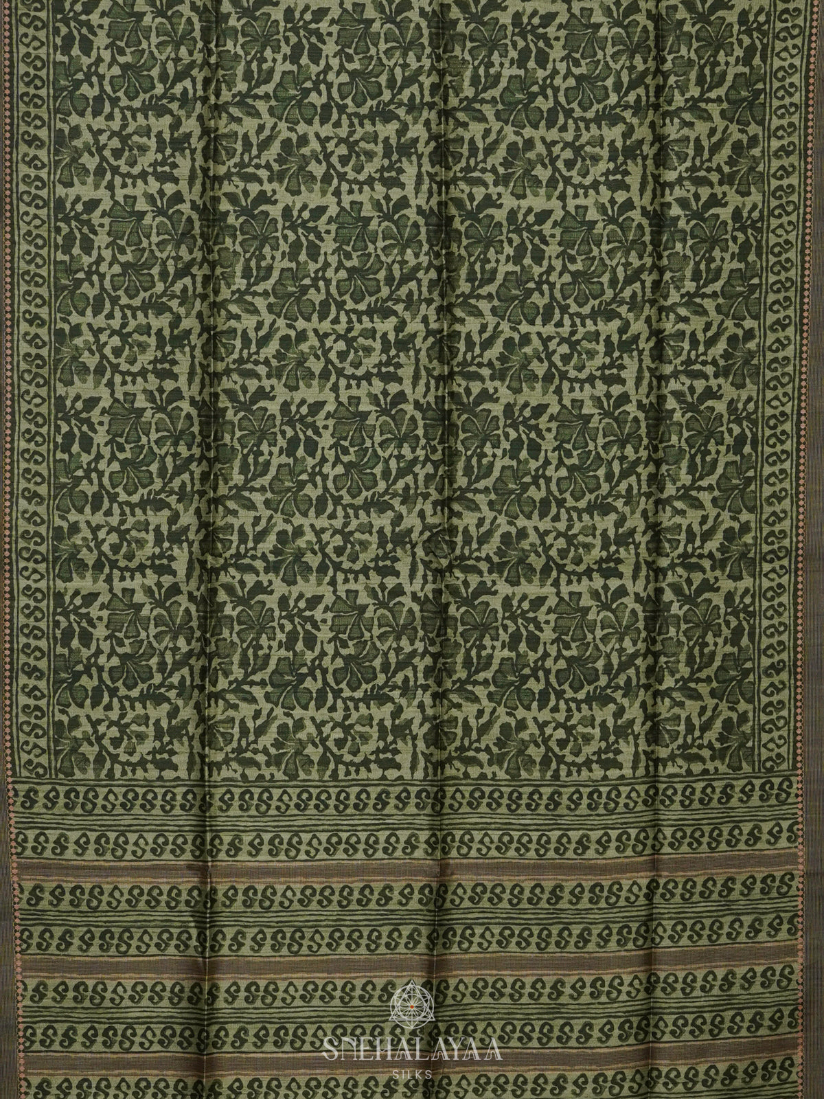 Pista Green Floral Printed Tussar Saree