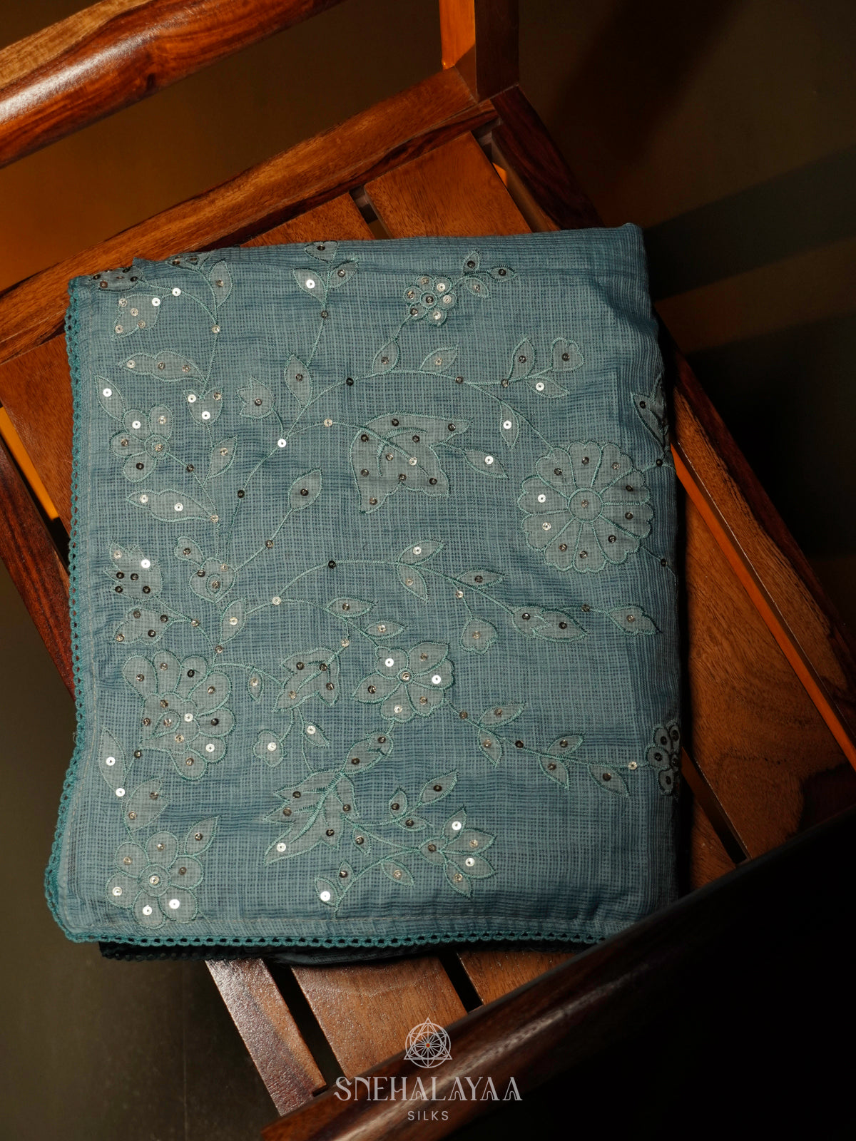 Teal Blue Kota Embroidery Saree