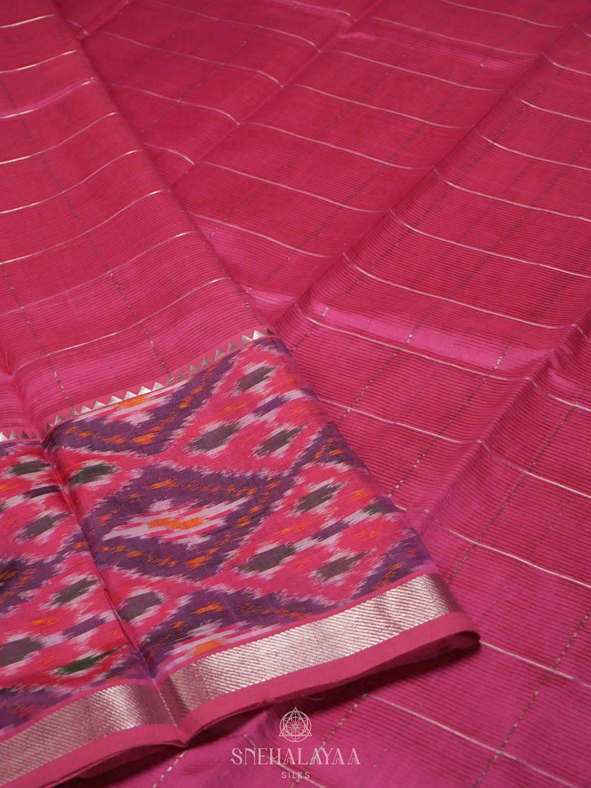 Pink Magalagiri Silk Cotton Saree with Ikat Border