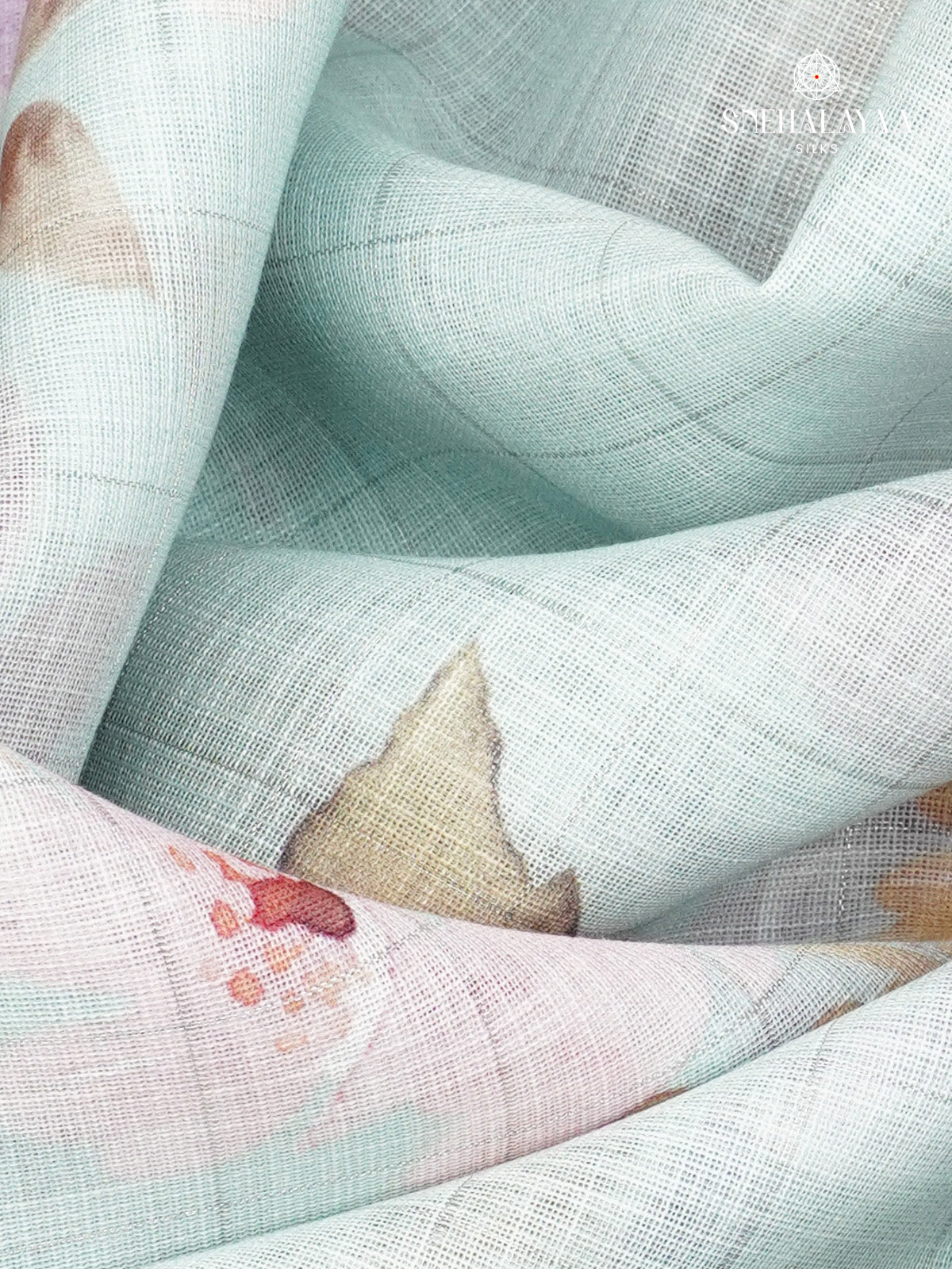 Pastel Blue Printed Linen Saree