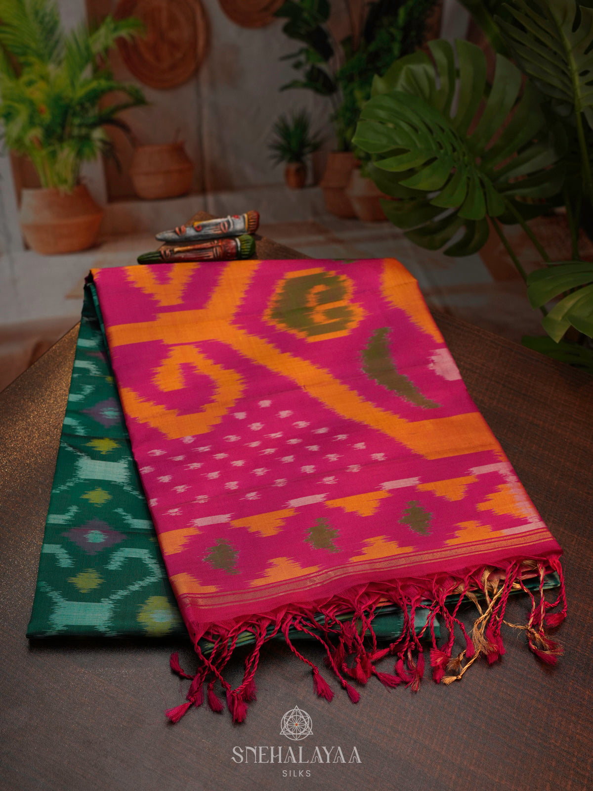 Teal Green Ikat Soft Silk Saree