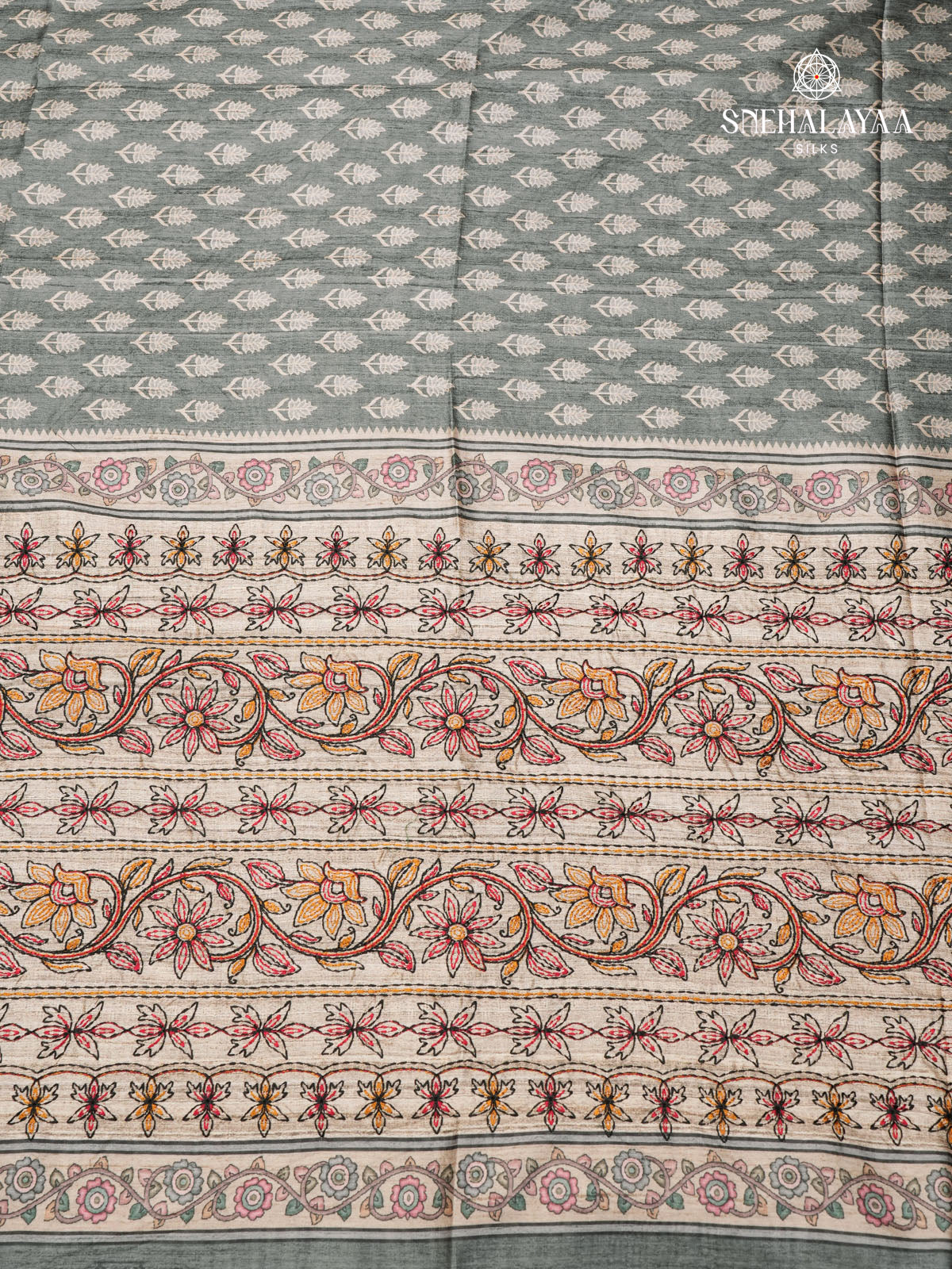 Grey Tussar Embroidery Saree