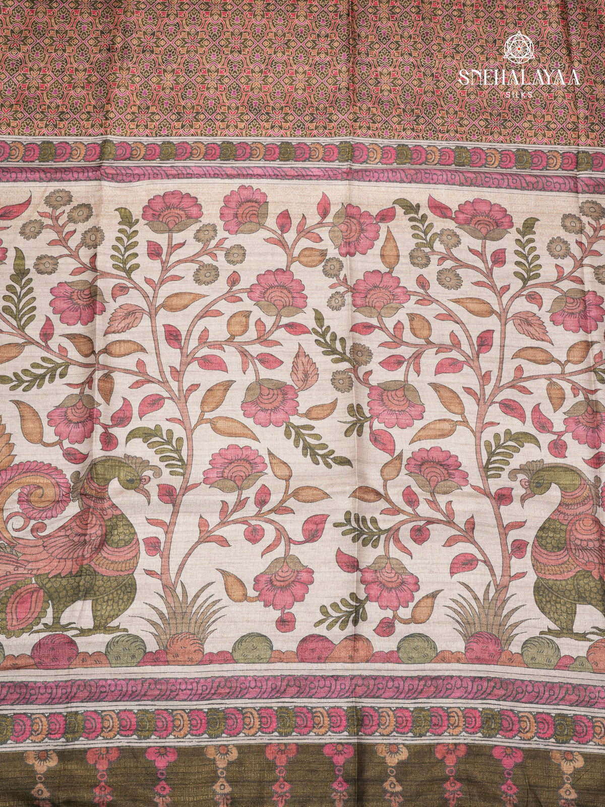 Brown Floral Printed Tussar Saree