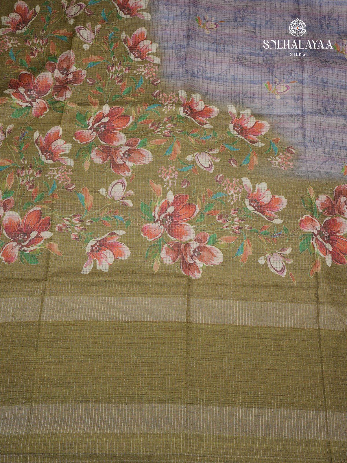 Blue Floral Printed Tussar Saree