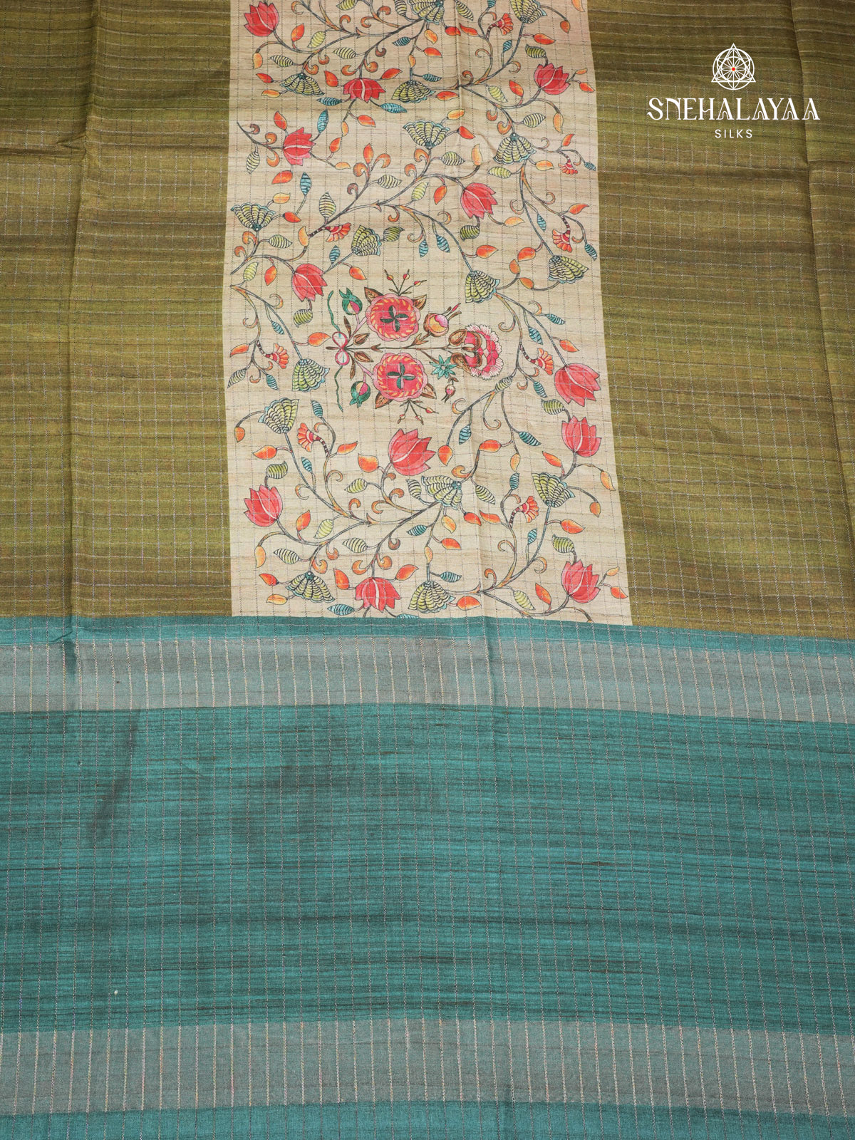 Beige Floral Printed Tussar Saree