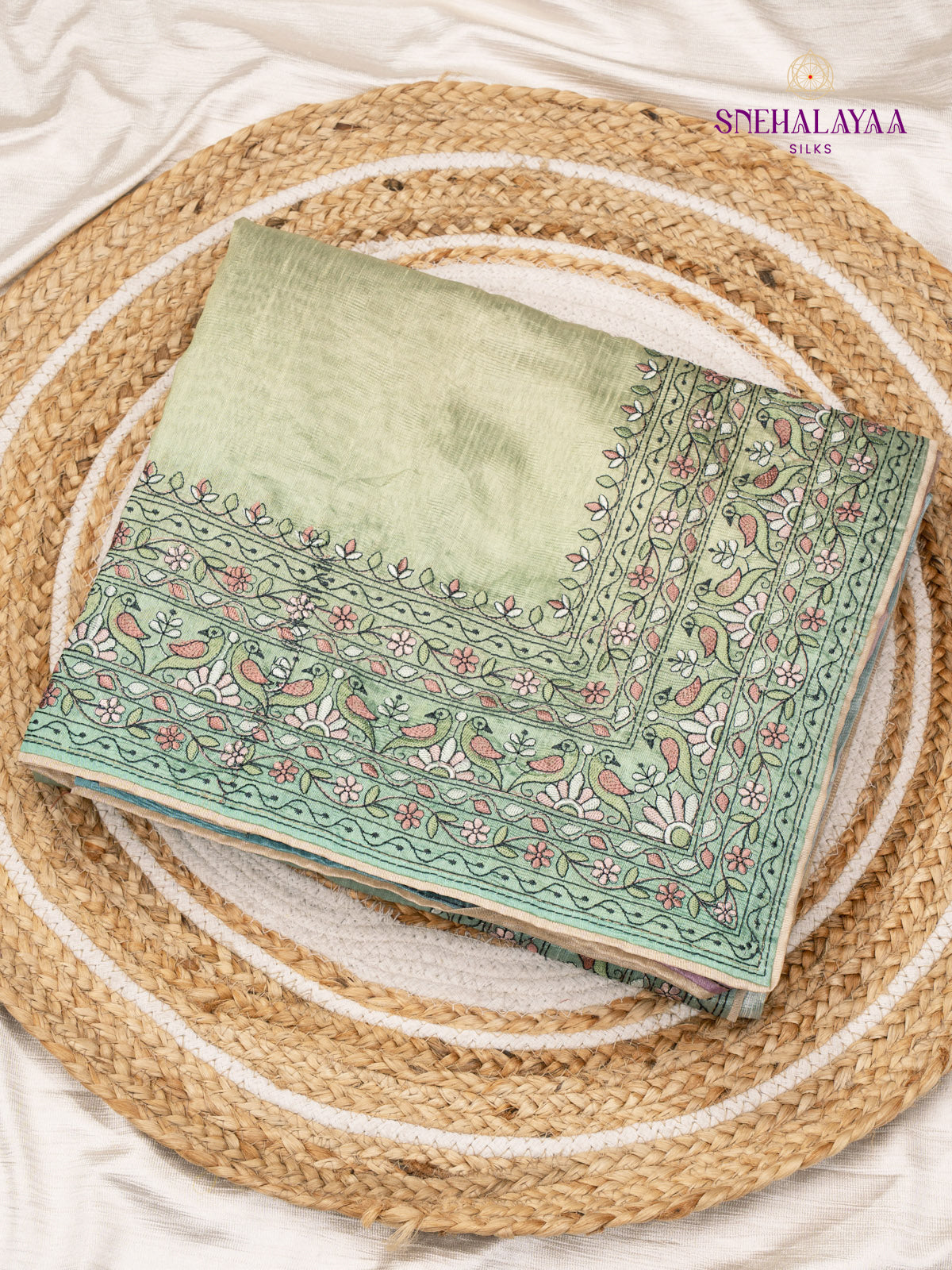 Pastel Green Linen Embroidery Saree
