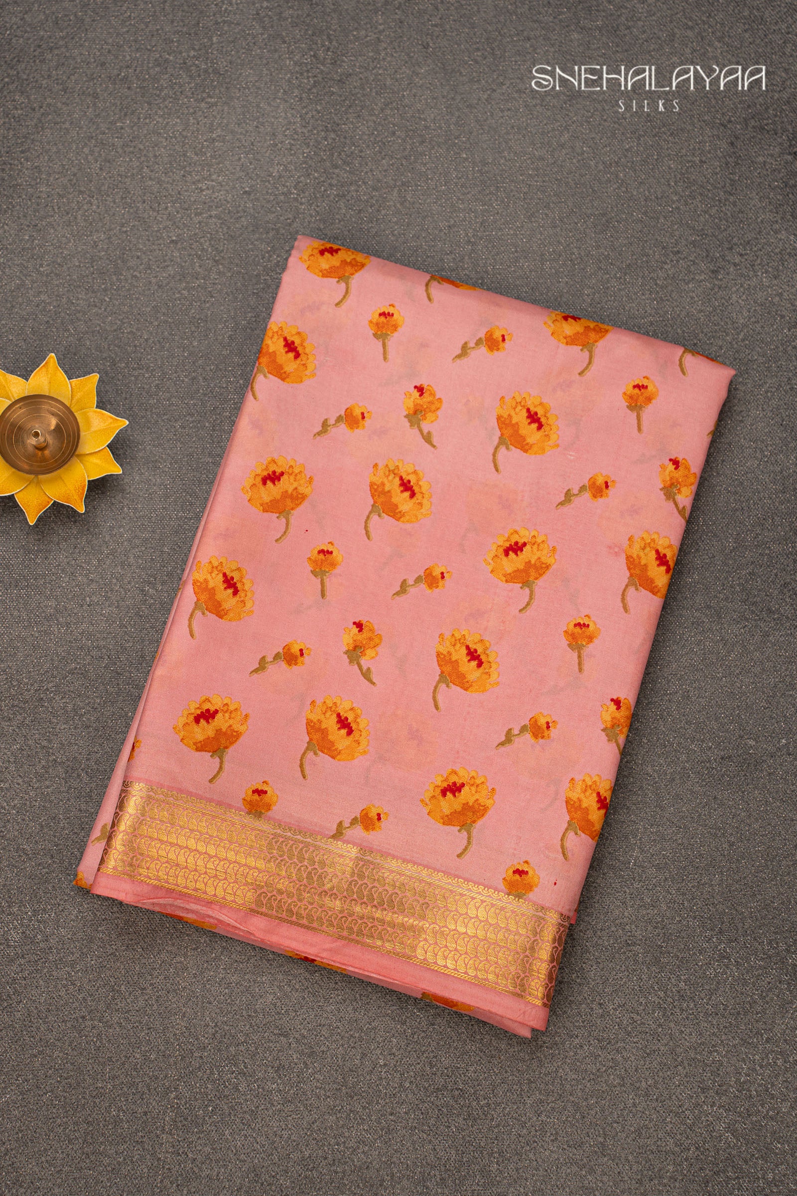 Pink Printed Mysore Silk Saree
