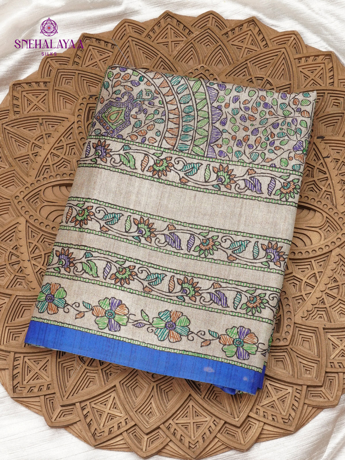 Beige With Navy Blue Border Madhubani Saree