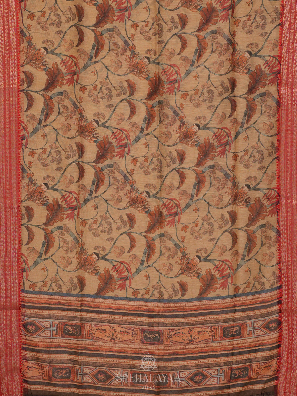 Beige Printed Linen Saree