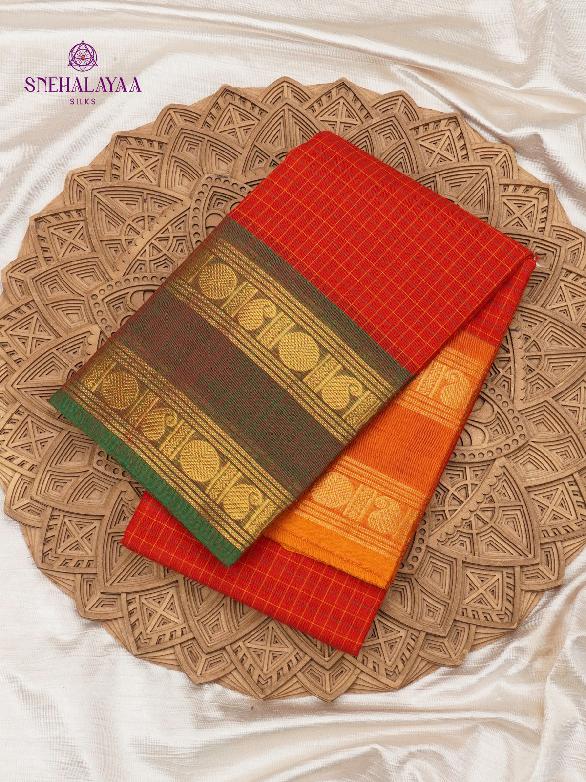 Rust Orange Checked Chettinad Cotton Saree