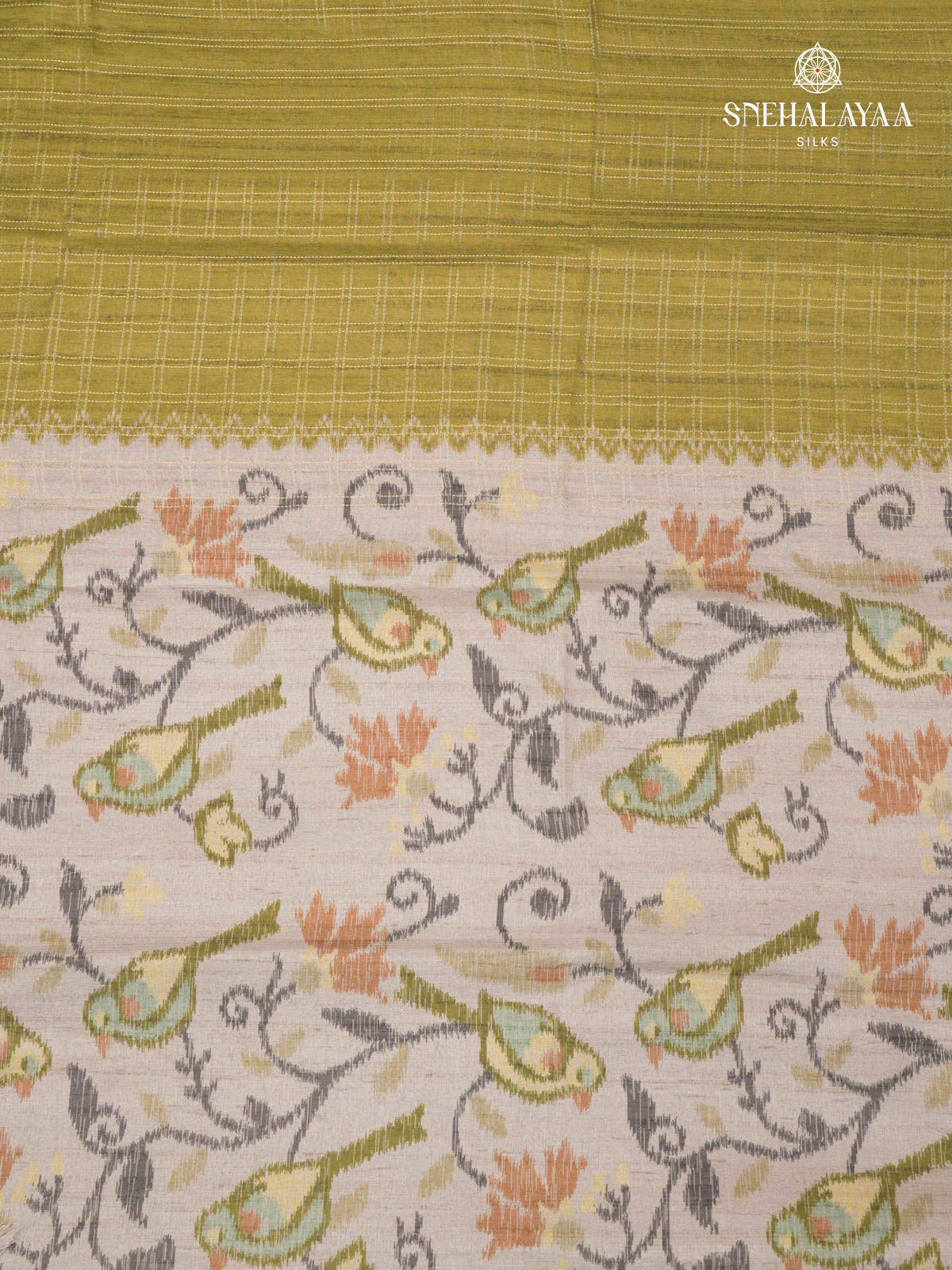 Lime Green Printed Tussar Saree