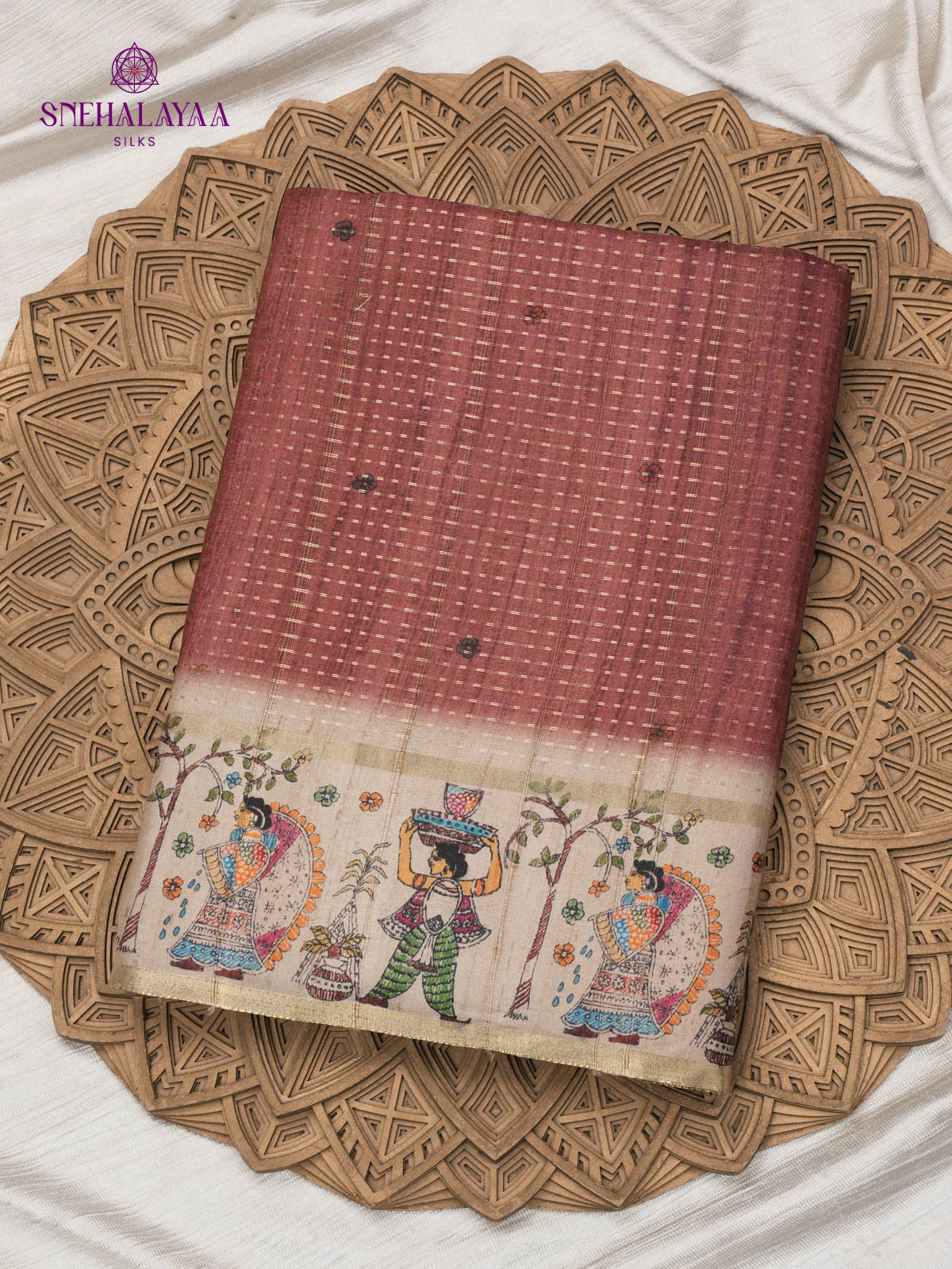 Brown Floral Printed Tussar Saree