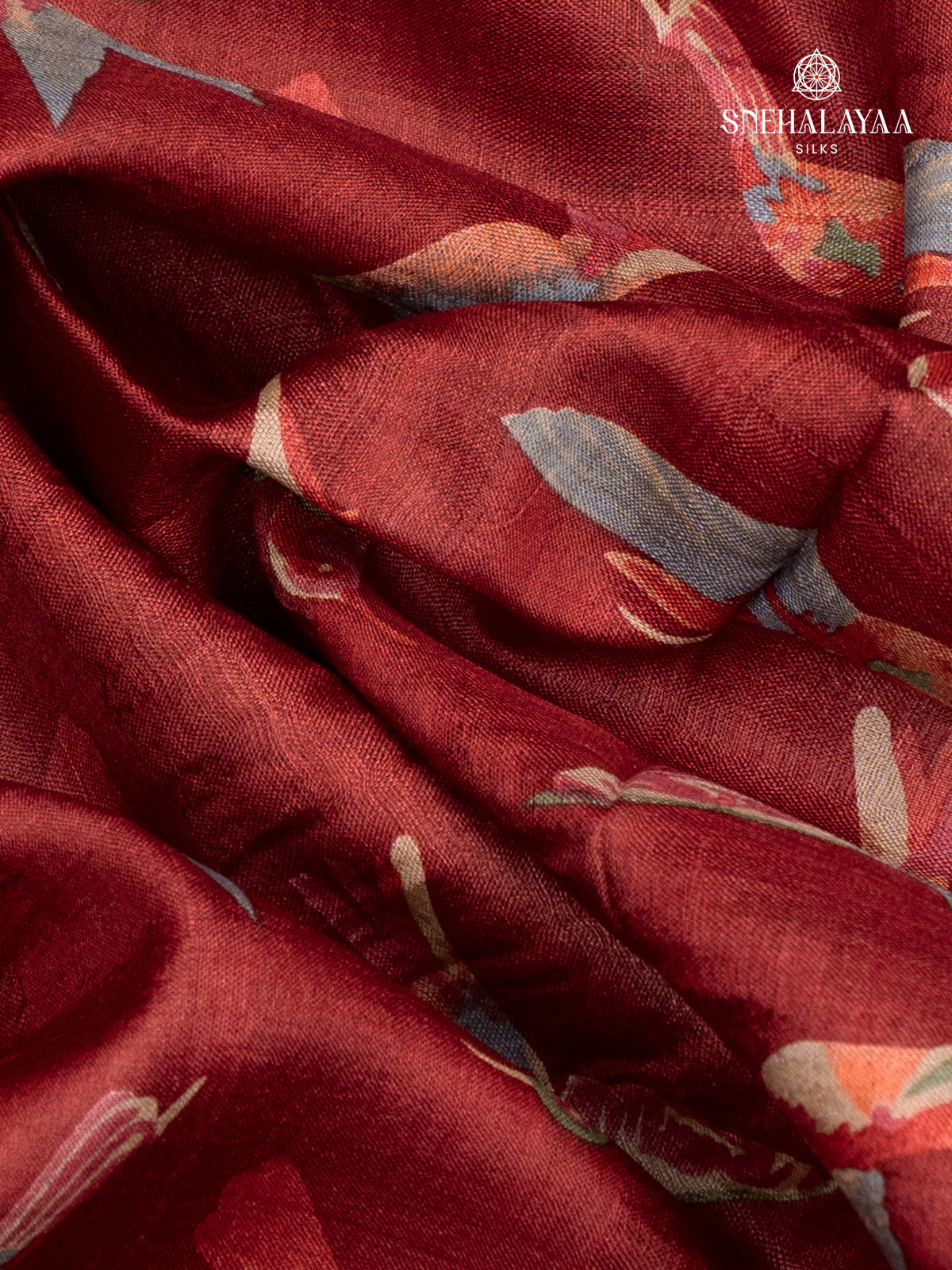 Maroon Printed Tussar Saree