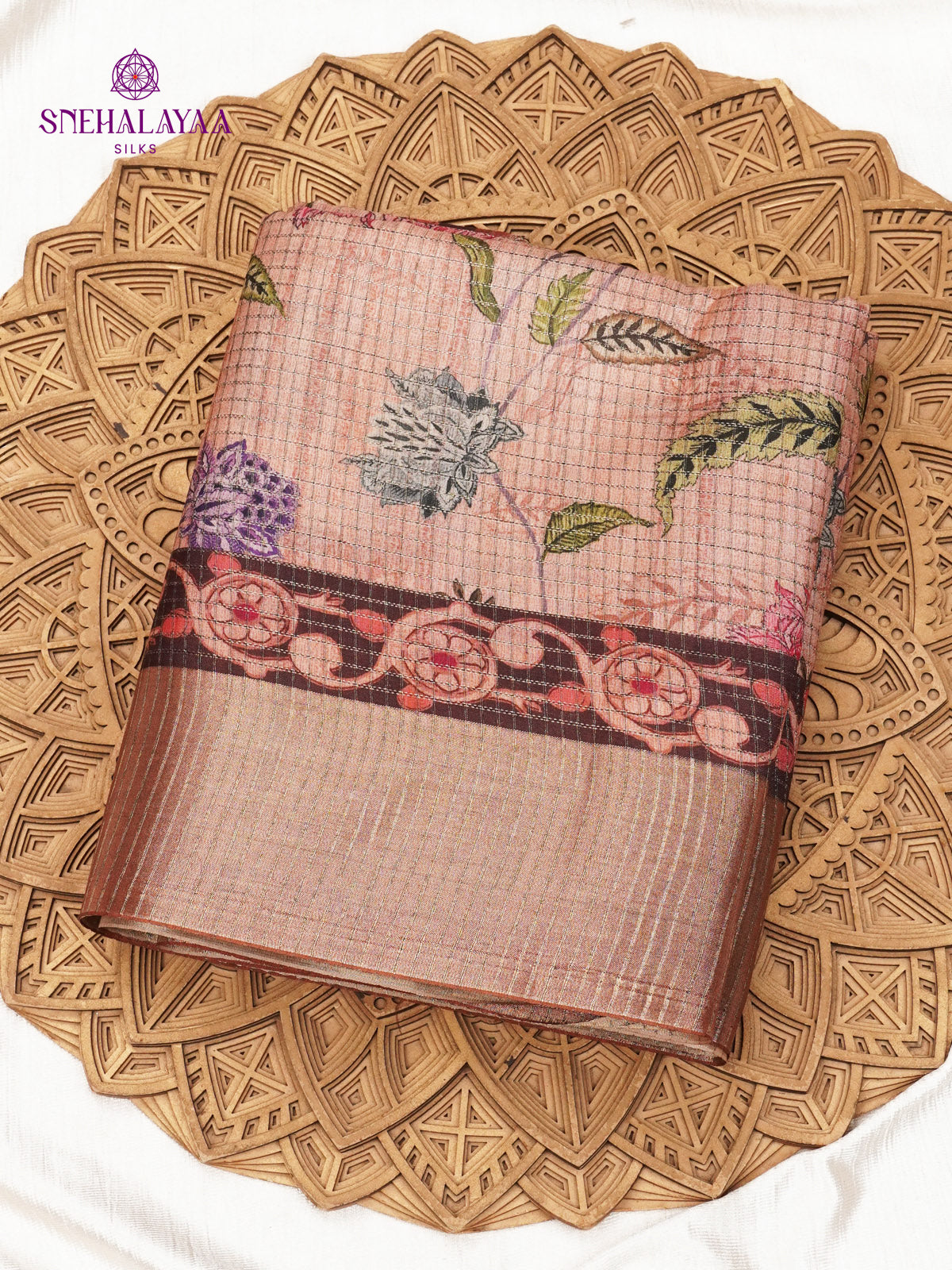 Beige Floral Printed Tussar Saree