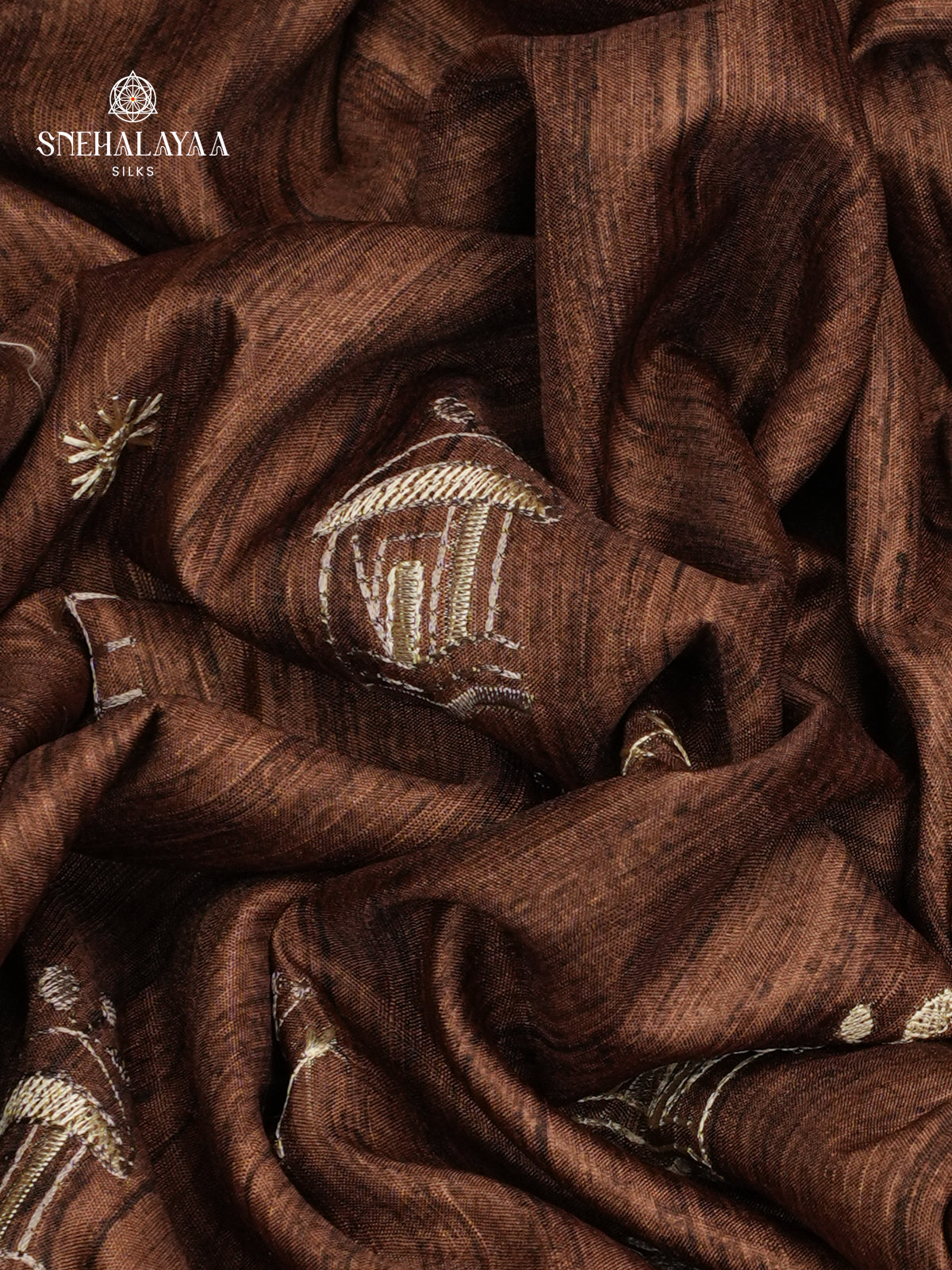 Brown Tussar Embroidery Saree