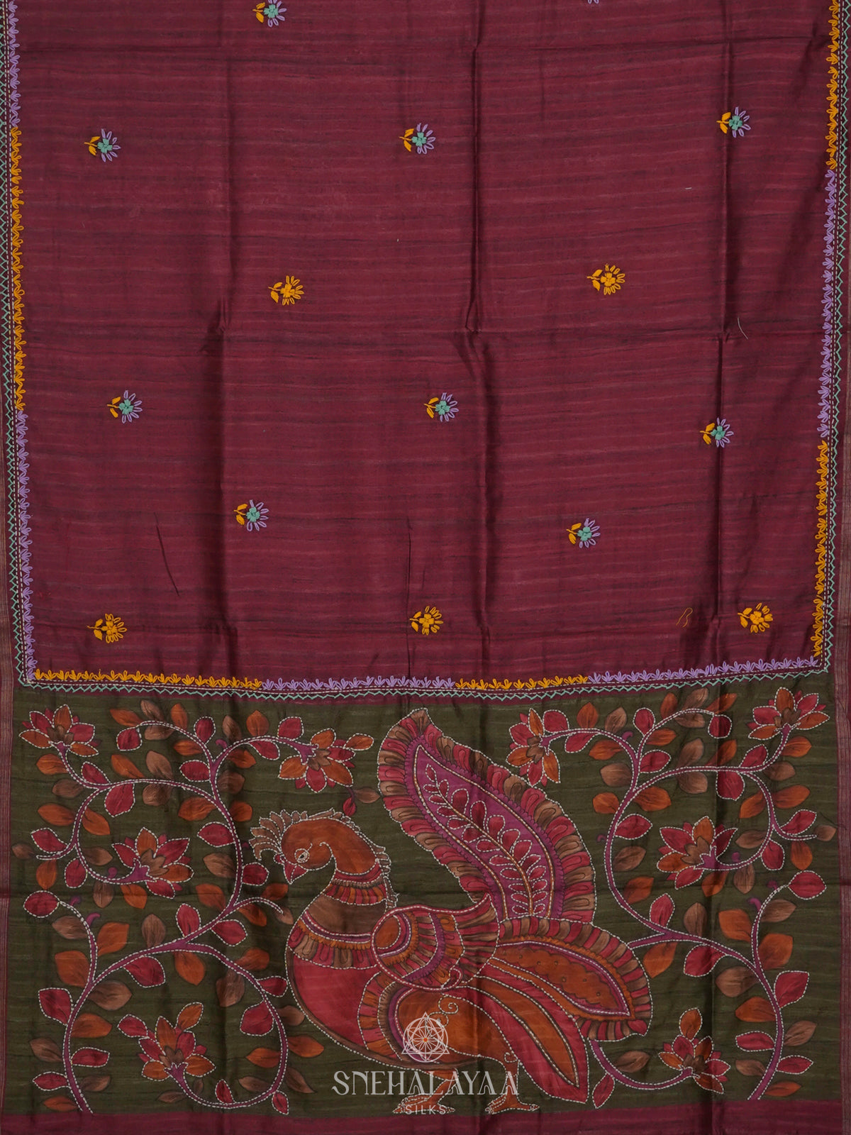 Maroon Tussar Embroidery Saree