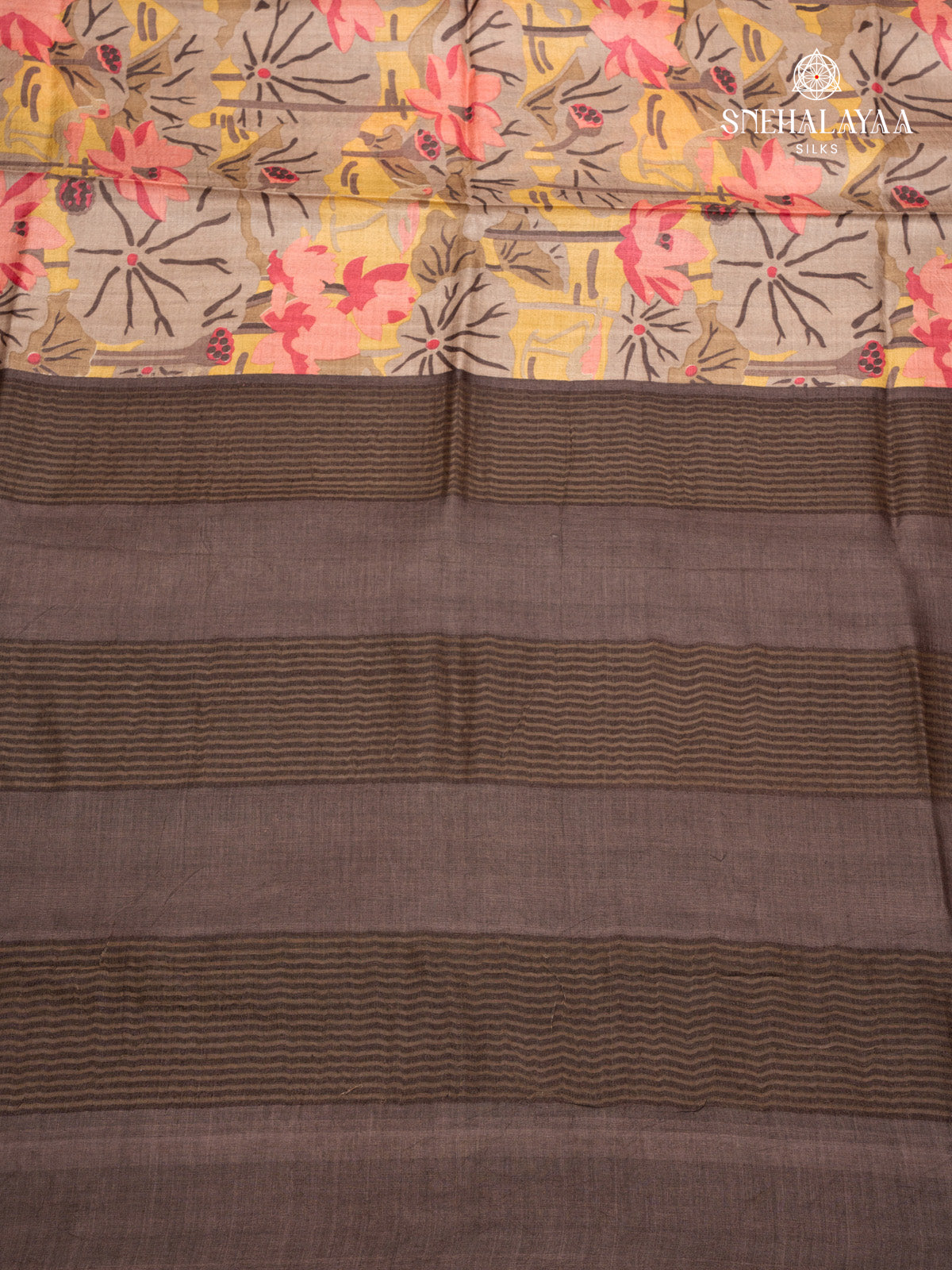 Pale Brown Printed Tussar Saree