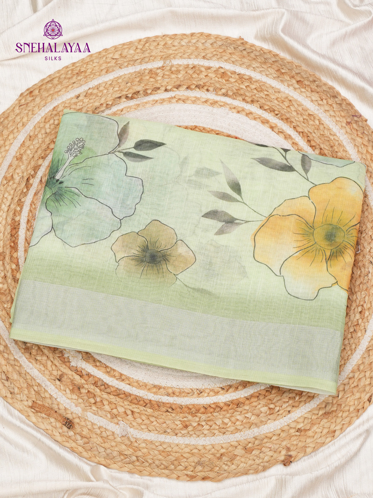 Pastel Green Printed Linen Saree