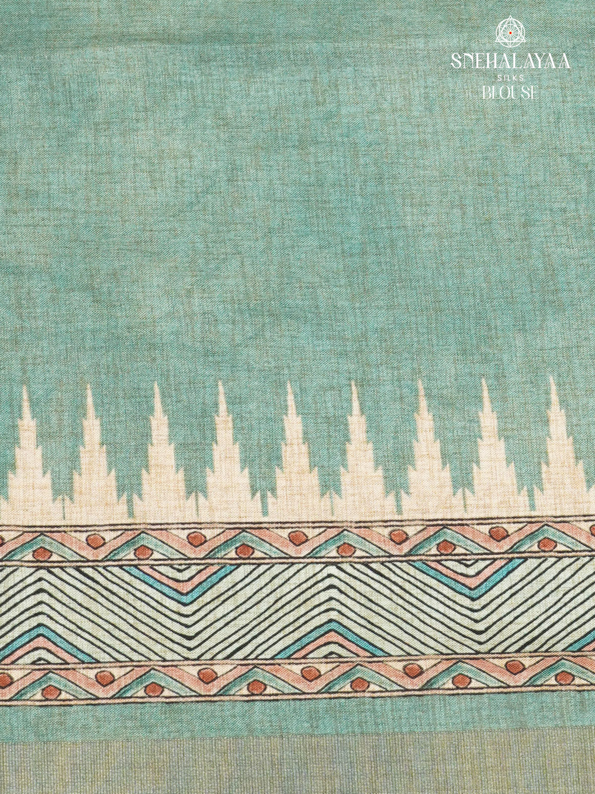 Beige With Teal Blue Floral Printed Tussar Saree