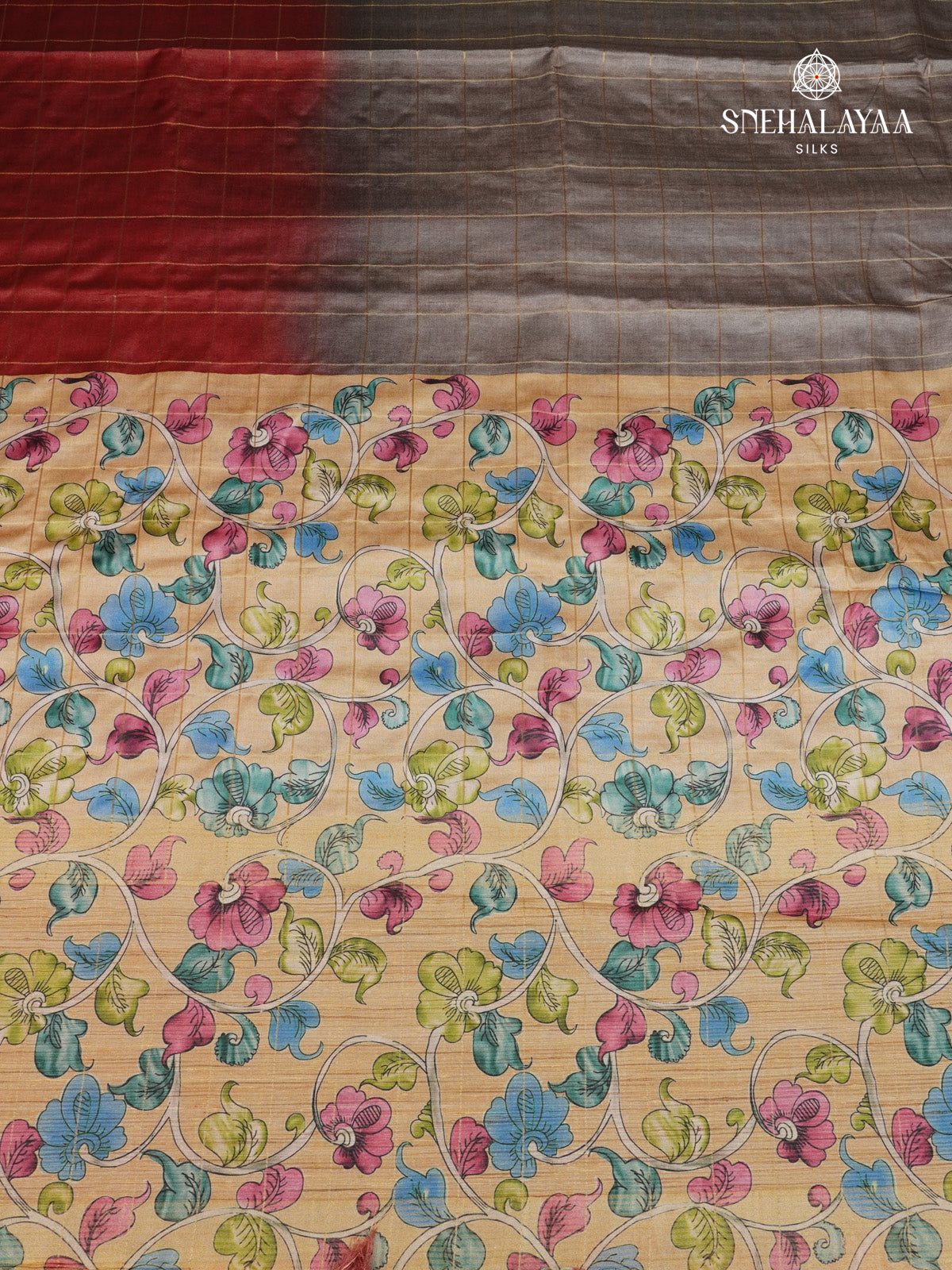 Grey With Maroon Border Tussar Saree