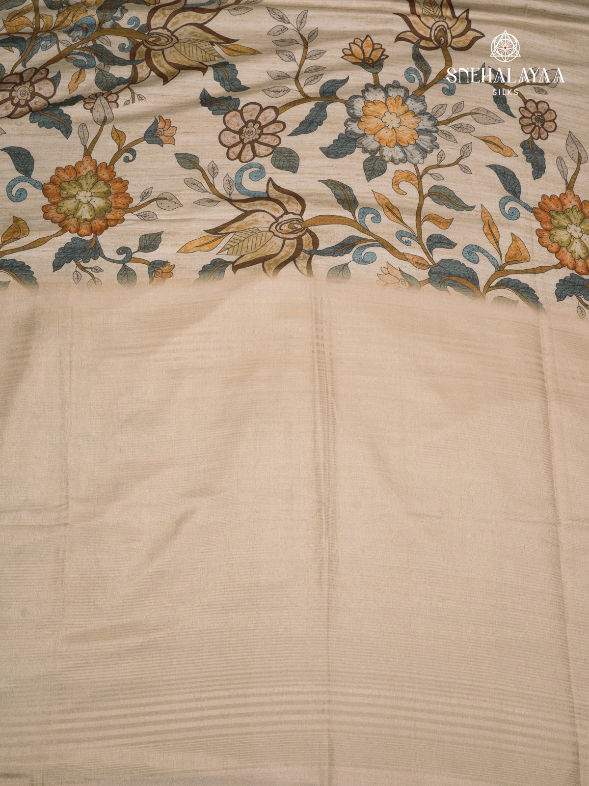 Beige Floral Printed Tussar Saree