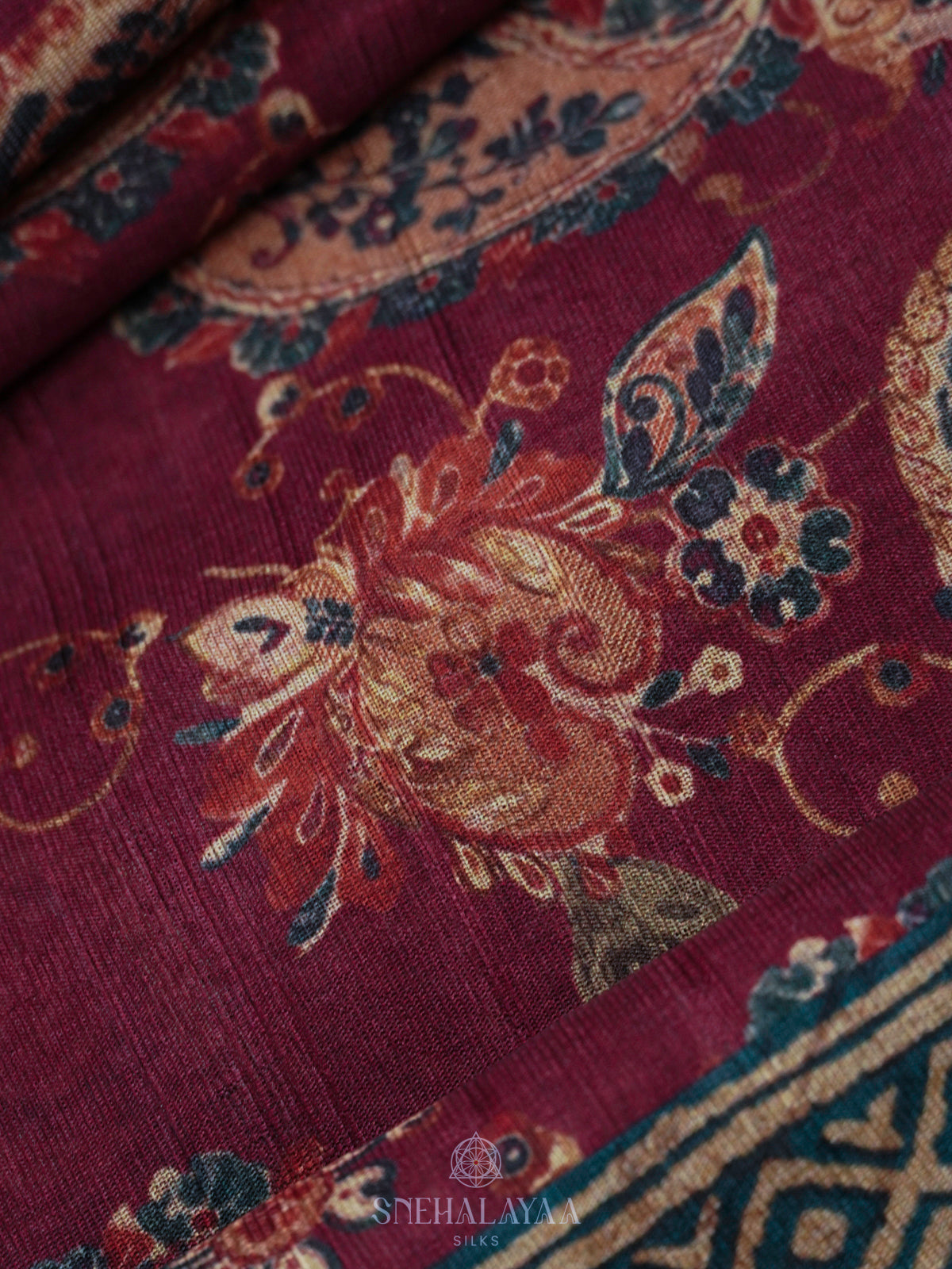 Burgundy Floral Printed Tussar Saree