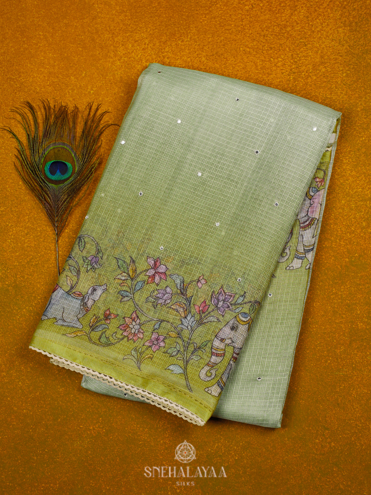 Pista Green Kota Embroidery Saree