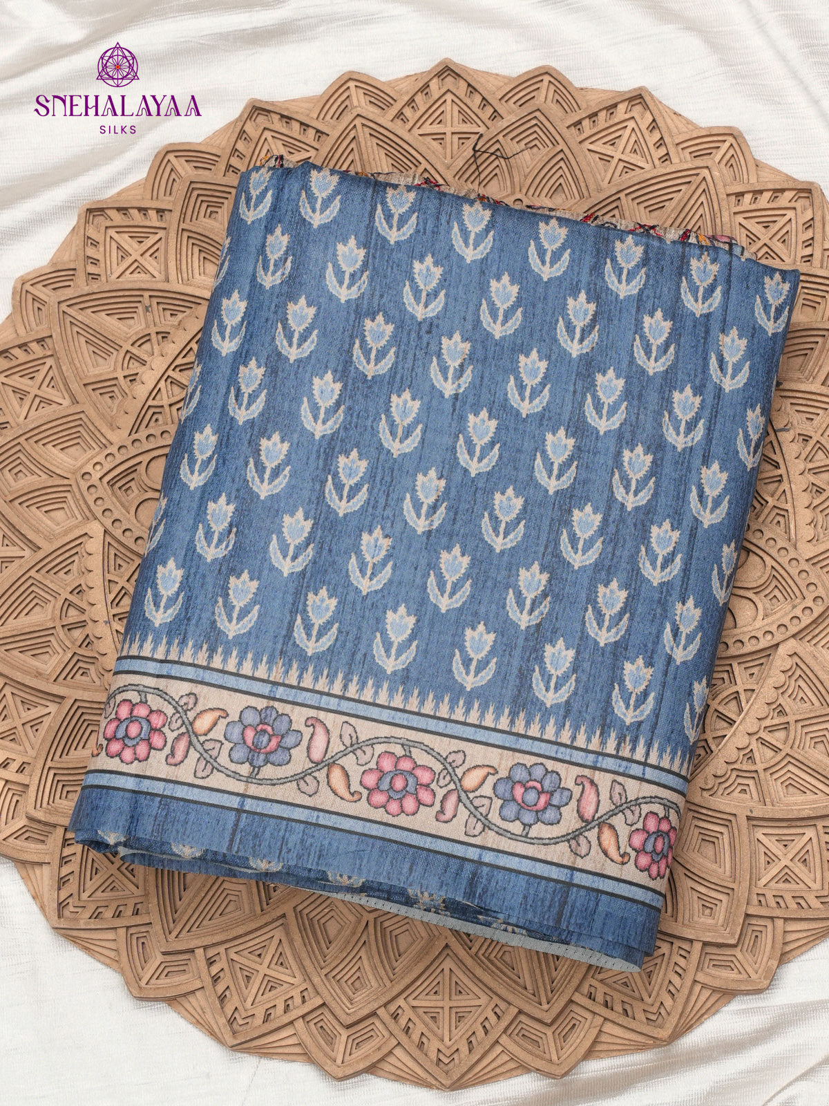 Teal Blue Tussar Embroidery Saree