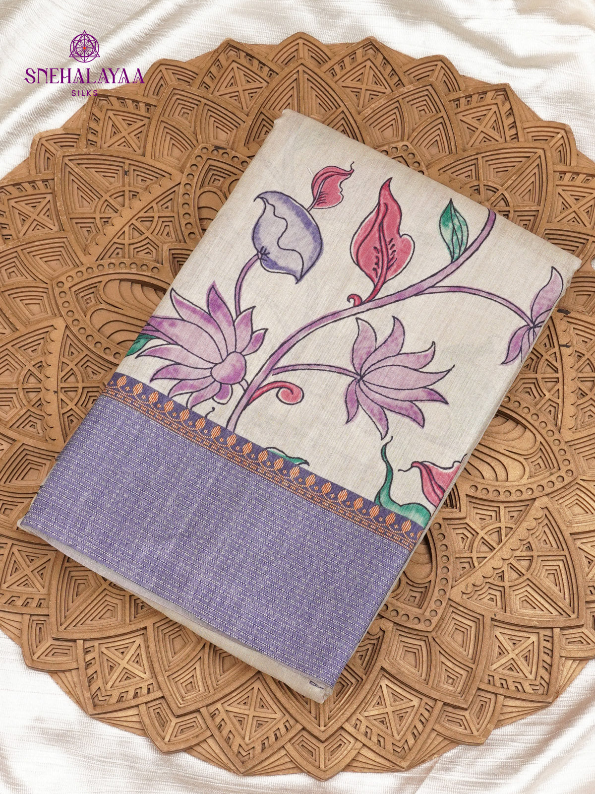 Beige With Purple Border Tussar Saree