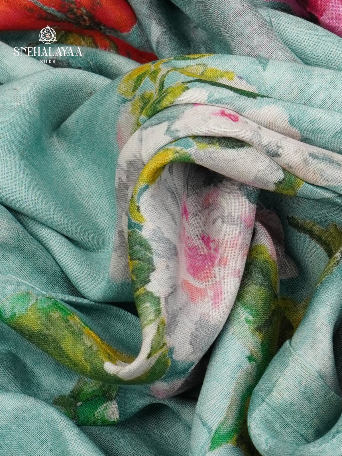 Teal Green Printed Linen Cotton Saree